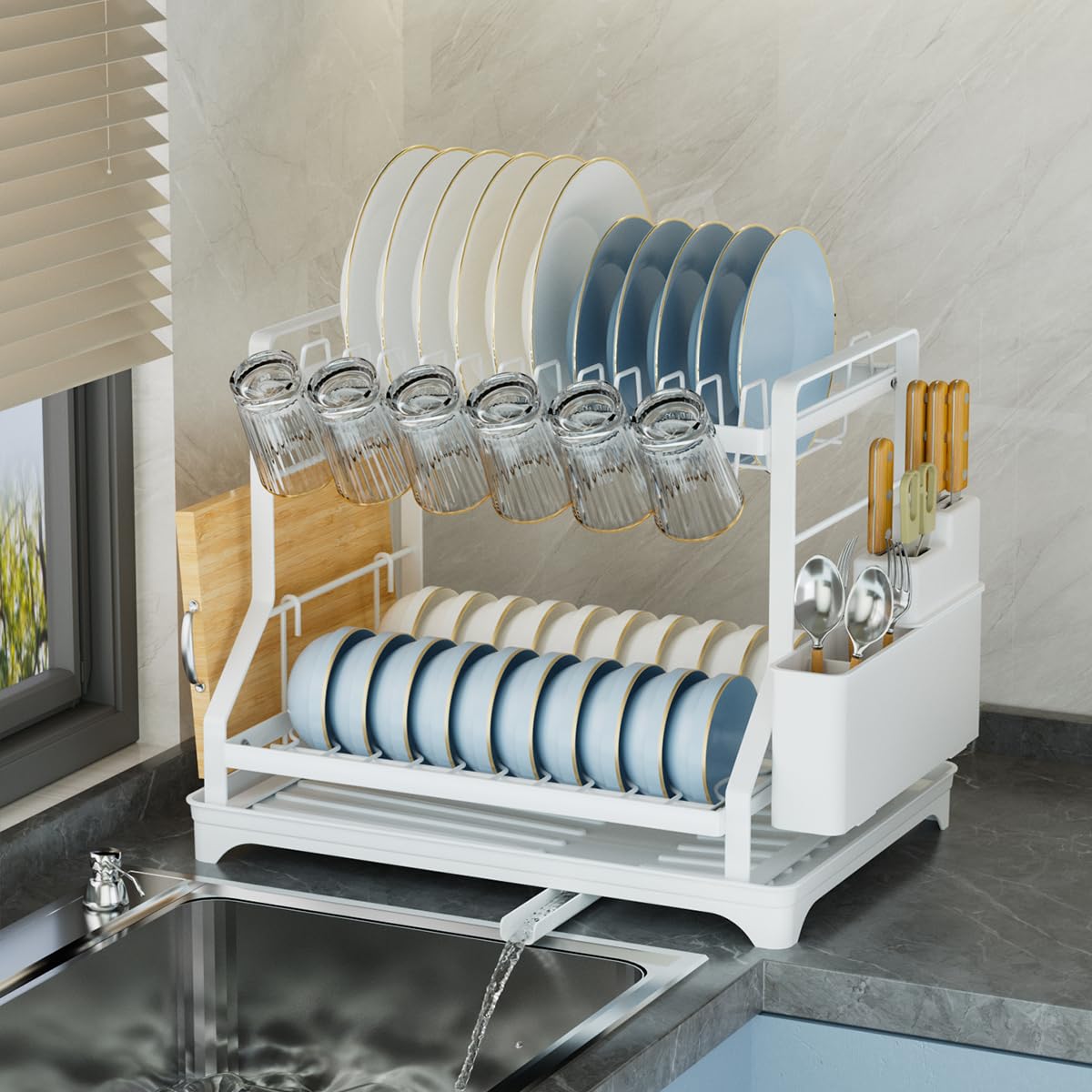 Photo 1 of 2-Tier Dish Drying Rack, White Metal Large, Space Saving Countertop Mount with Drainboard, Utensil Holder, 16.5x12.7x13.3 Inches