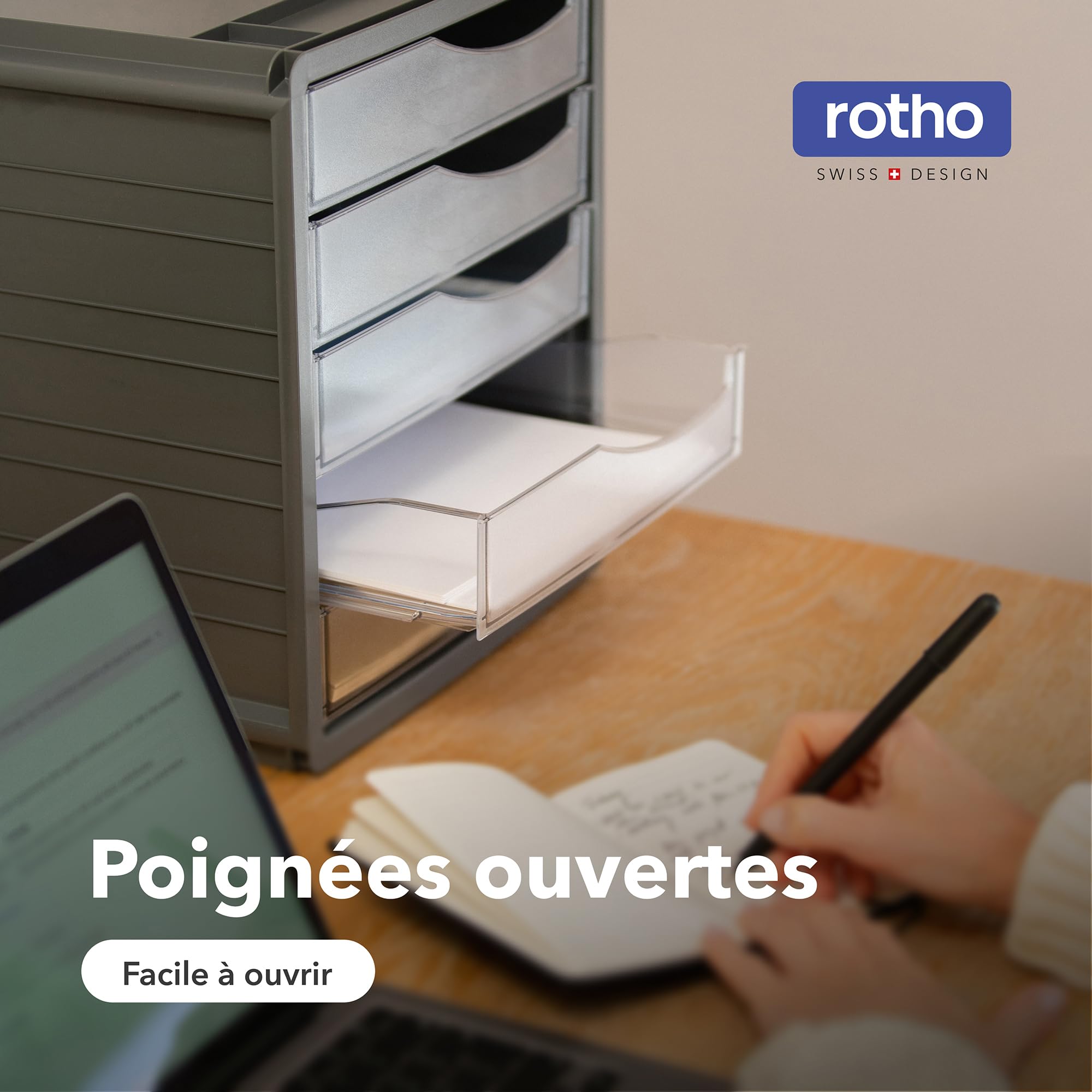 Rotho Spacemaker Boîte à Tiroirs / Boîte de Bureau à 5 Tiroirs, Plastique (Ps) sans BPA, Transparent / Noir, 33,5 X 28,5 X 32,0 cm | Système de rangement avec 5 tiroirs fermés, compartiments pour stylos et butée coulissante, plastique sans BPA robuste