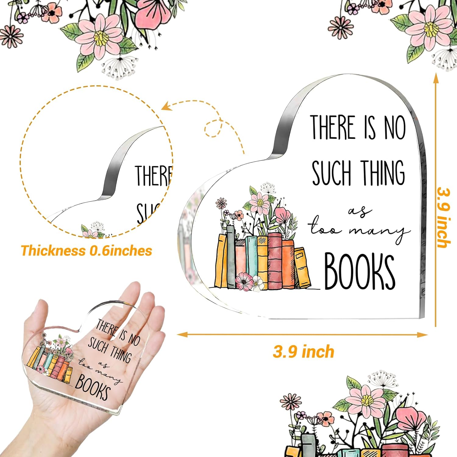 Book Lovers Gifts, Acrylic Heart Sign Paperweight Presents image 3