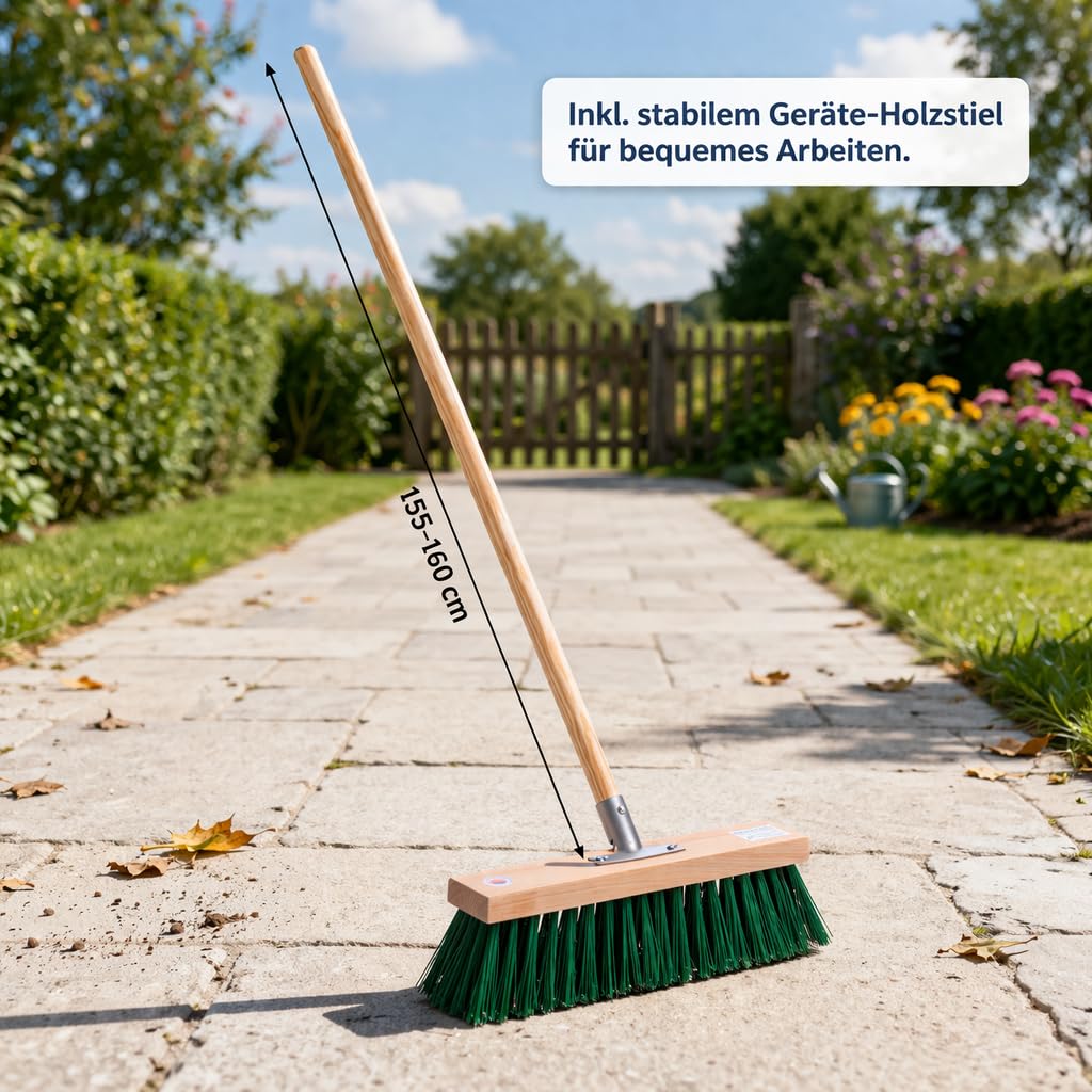 Profi Straßenbesen Extra Lange grüne Kunst Borsten 40cm Besen mit Stiel 160 | Robuste PT-Kunststoff-Borsten, Mit Geräte-Holzstiel 155cm Lang, Für Draußen, Für Groben Schmutz, Gartenbesen