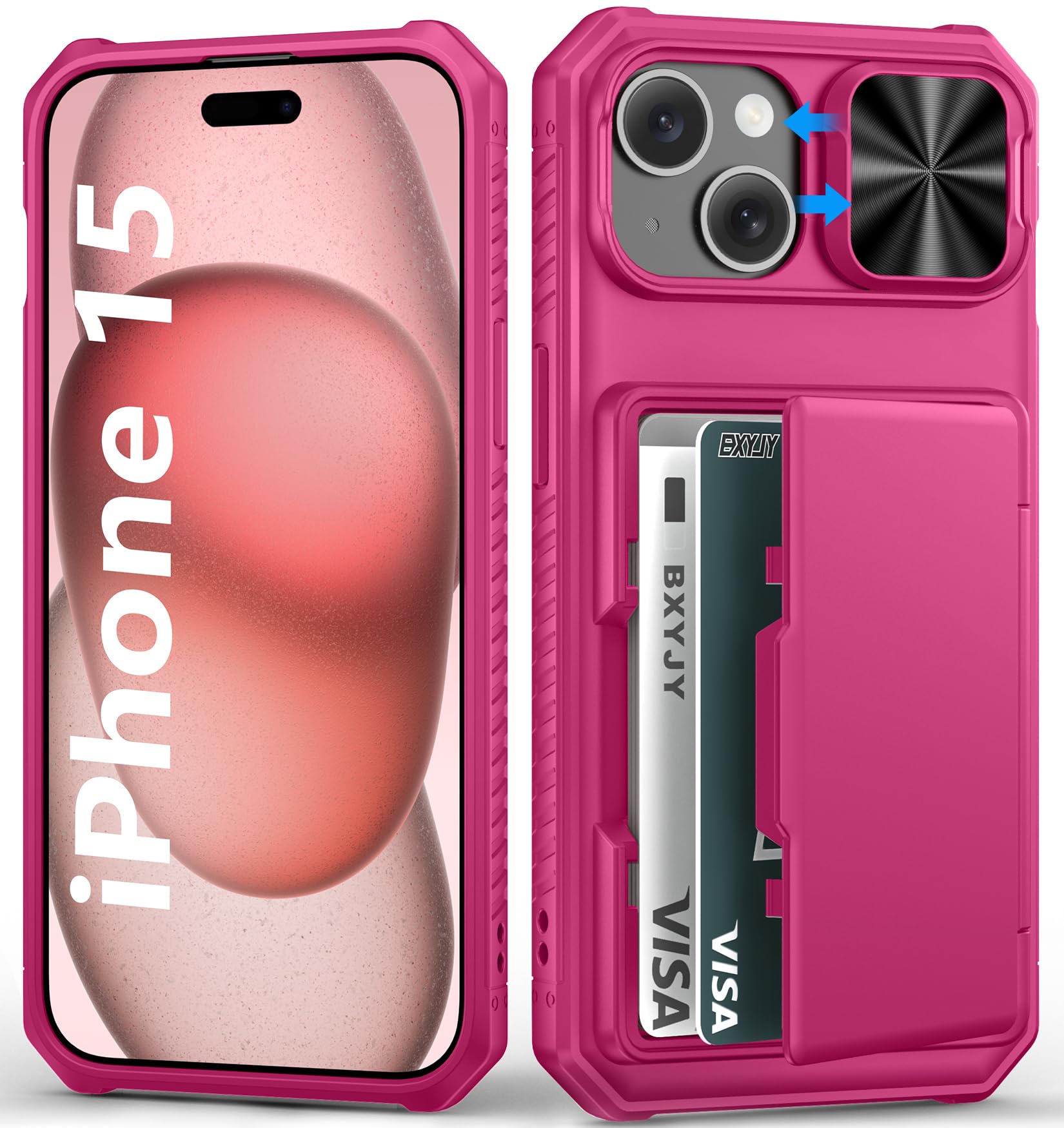 BXYJY for iPhone 15, iPhone 14, iPhone 13 Wallet Case with Card Holder(4-5 Cards), Slide Camera Cover, Military Grade Drop Protection, Heavy Duty