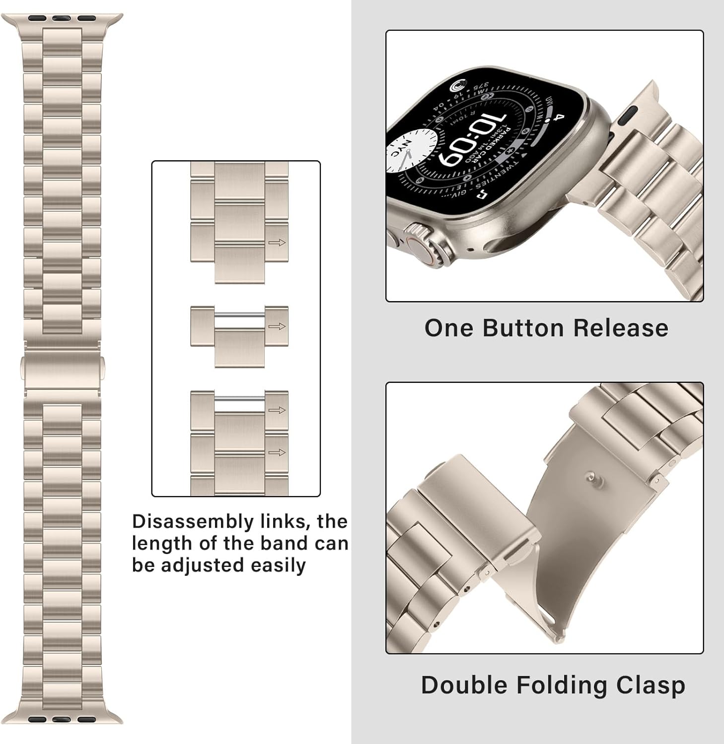 No Tool Needed Bands Compatible with Apple Watch Band 49mm 46mm 45mm 44mm 42mm for Men Women, Detachable Metal Strap for iWatch Ultra 3/2/1 Series 11 10 9 8 7 6-1, SE (Starlight) - Image 6
