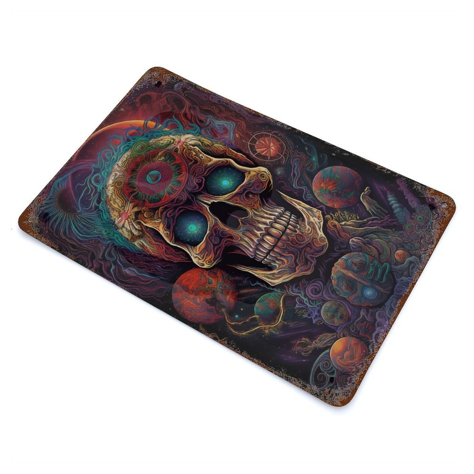 Trippy Skull Distressed Metal Wall Sign 11.8"x7.9", Ideal for Garage, Bar And Workshop Decor