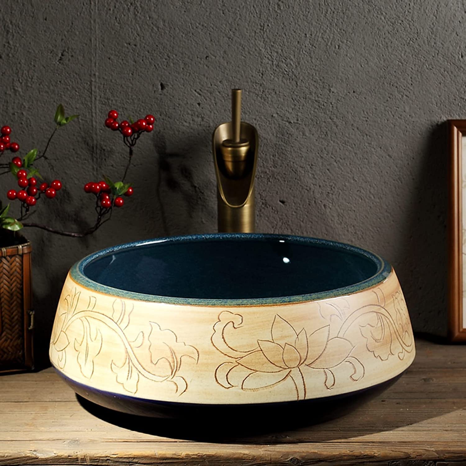 Ceramiczna Umywalka Łazienkowa, Ceramiczna Umywalka Nablatowa, Okrągła, Grawerowana Umywalka Łazienkowa, Artystyczna Umywalka Nablatowa 41 * 41 * 15 Cm, Minimalistyczna Umywal,Green Singlebasin