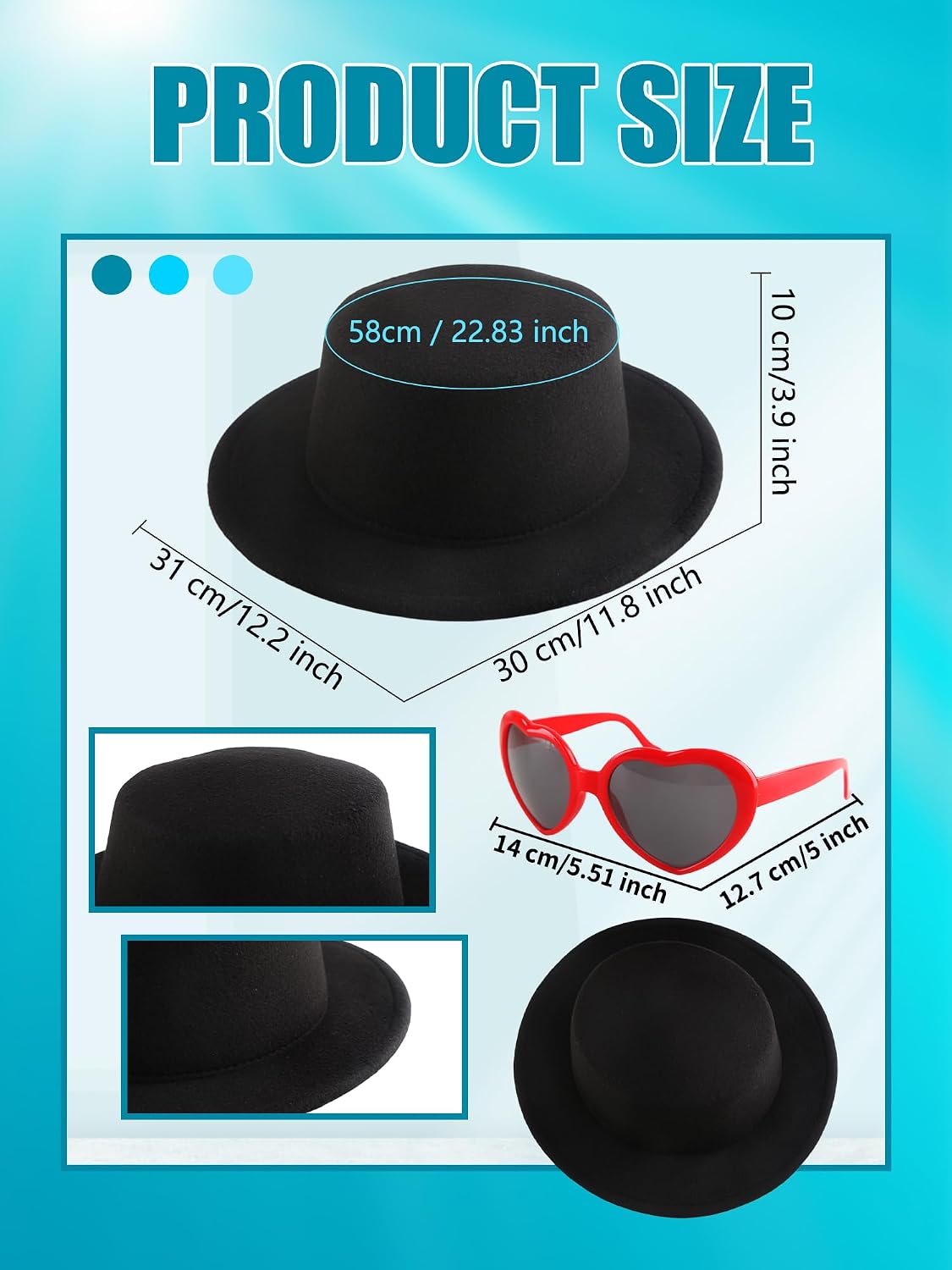 2 Pcs Black Fedora Flat Hats with 2 Pcs Heart Sunglasses Adjustable Wide Brim Flat Top fedora for Adult Party Costume Accessories