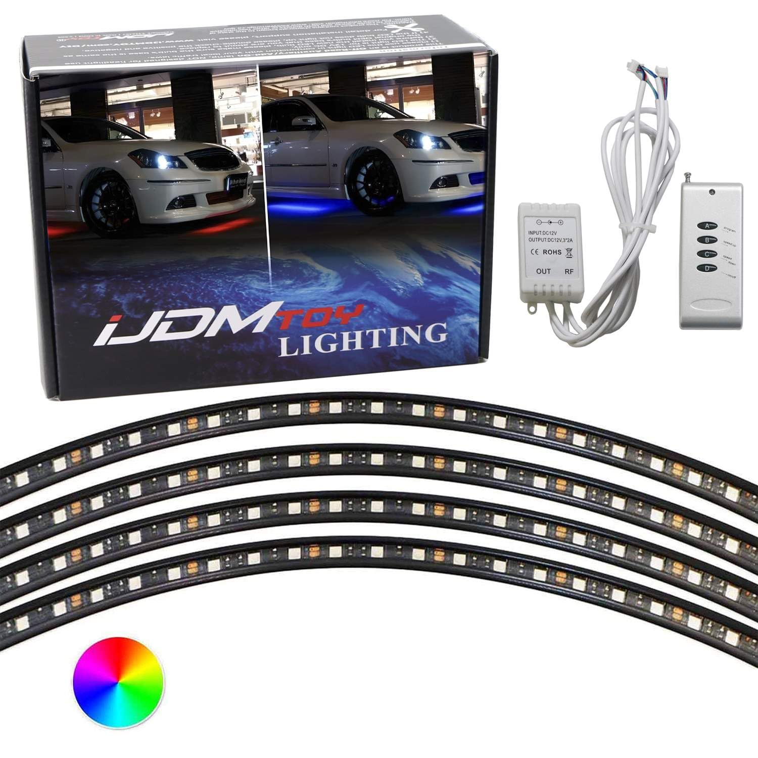 iJDMTOY Universal Fit 4pc Set 7-Color RGB Color Changing LED Under Car Glowing Accent Lighting Kit w/Adjustable Setting