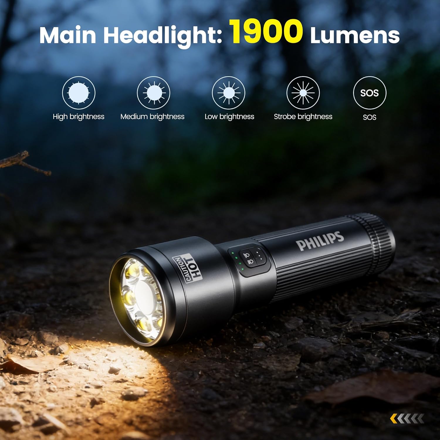 Philips SFL2152 Rechargeable EDC Tactical Flashlight, 1900 High Lumens Aluminium Portable Pocket Light with 15 Modes, Triple Light Sources for Outdoor, Emergency and Work Applications (Black)