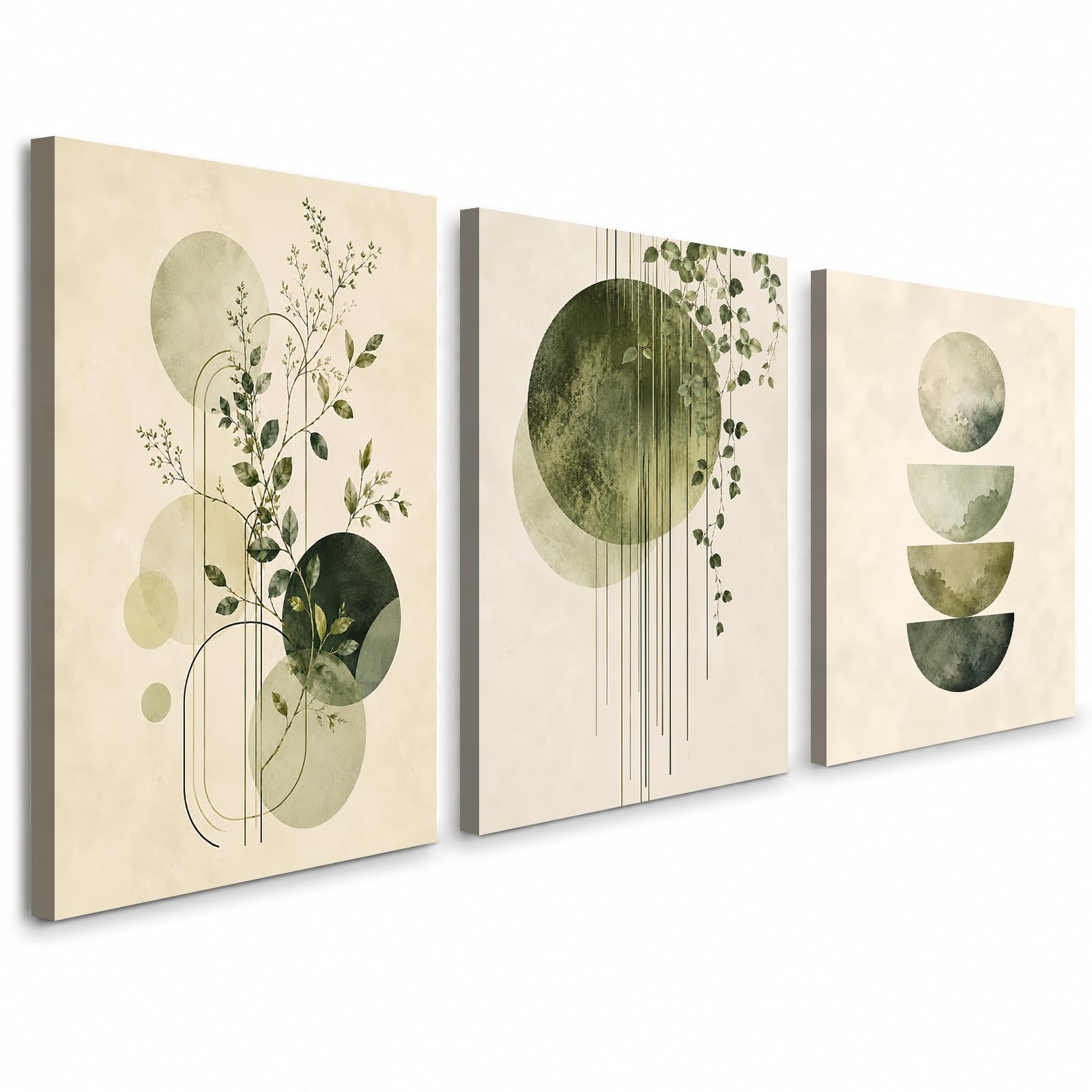 Sage Green Abstract Wall Art, 3 Framed 12 x 16 Inch Canvas Prints