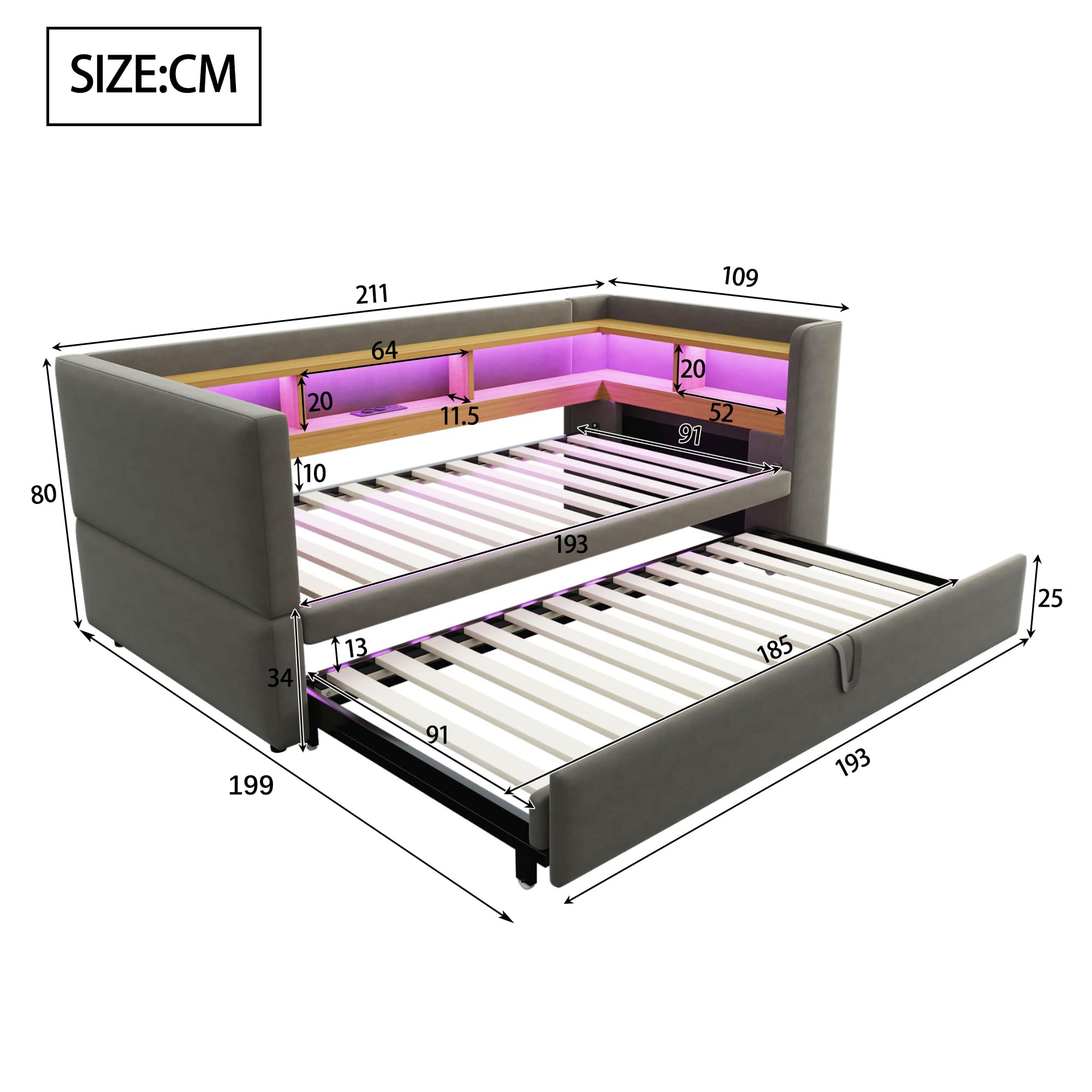 Divano Letto Estraibile 90/180 * 190cm, Letto Imbottito con Luci a LED e Prese USB, Numerosi Vani Portaoggetti Laterali, Multifunzione Lettos Singol, Grigio Scuro