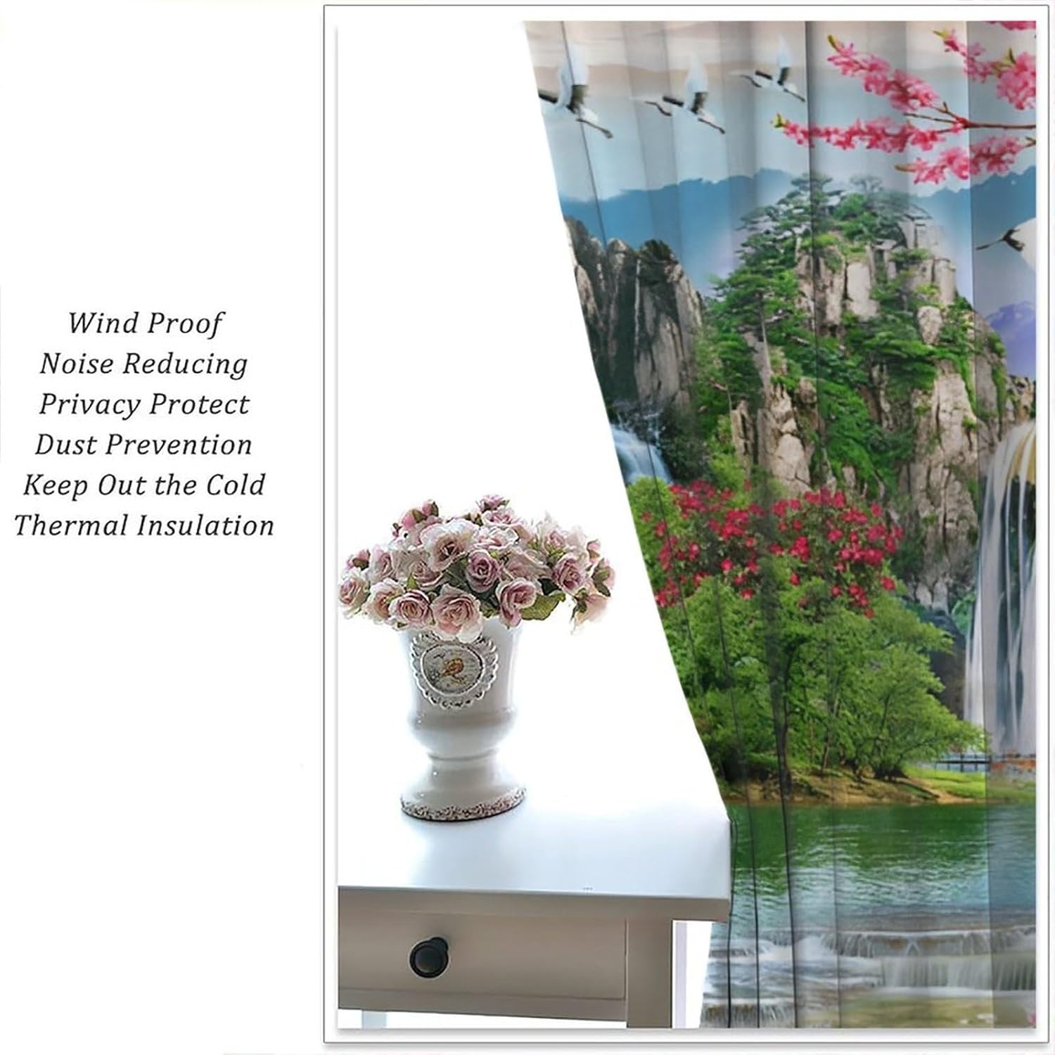 Fantastic Waterfall Blackout Curtains, Oriental Scenic Lotus Flower Mountain Window Treatment, Rod Pocket Darkening Drapes for Bedroom Living Room Kitchen, 42" W X 45" L