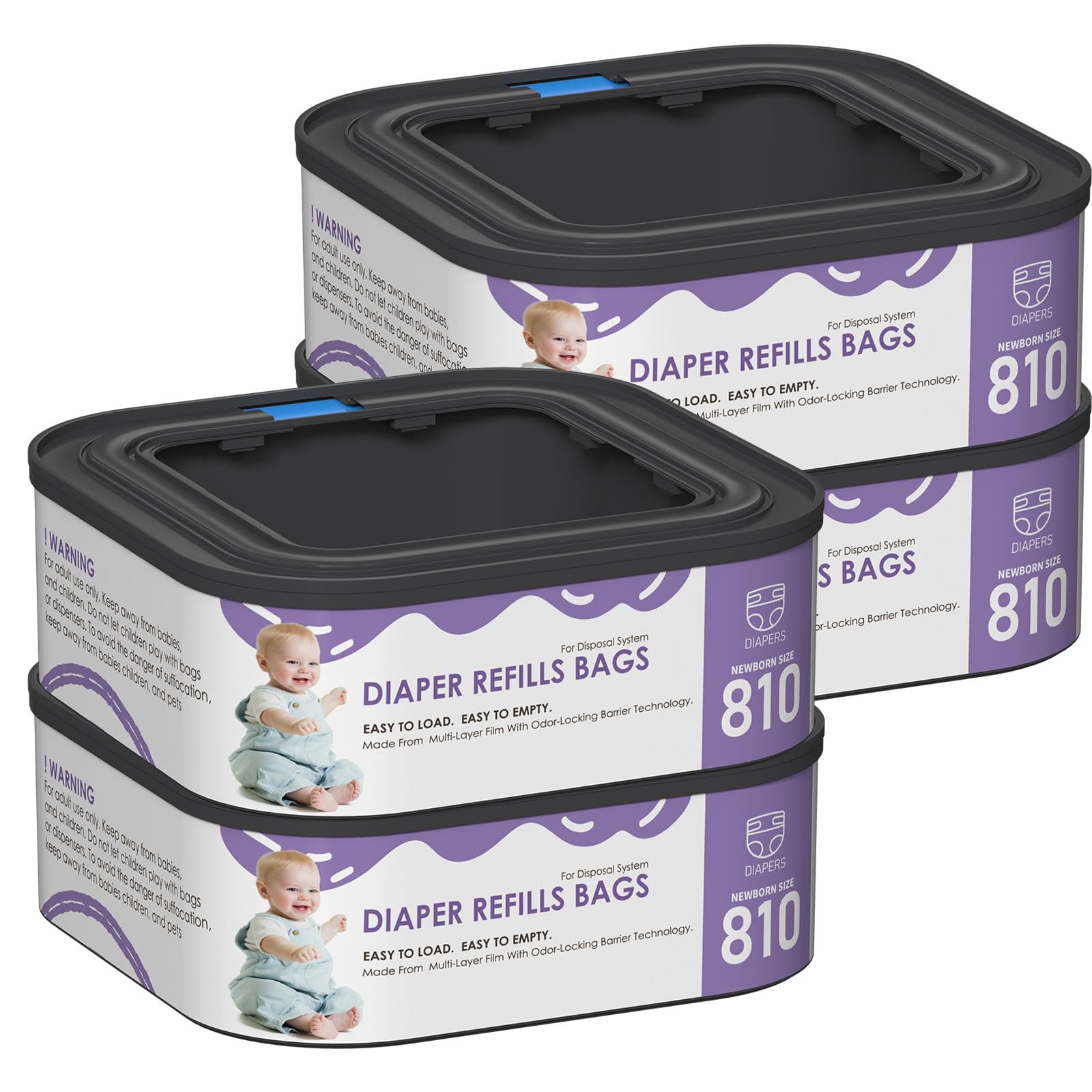 Jumbo Square Refills Disposal Bags Refill Compatible with Genie Diaper Compact, Select and Classic Pails, Hold Up to 810 Newborn-Sized Diapers Per Refill, Pack of 4
