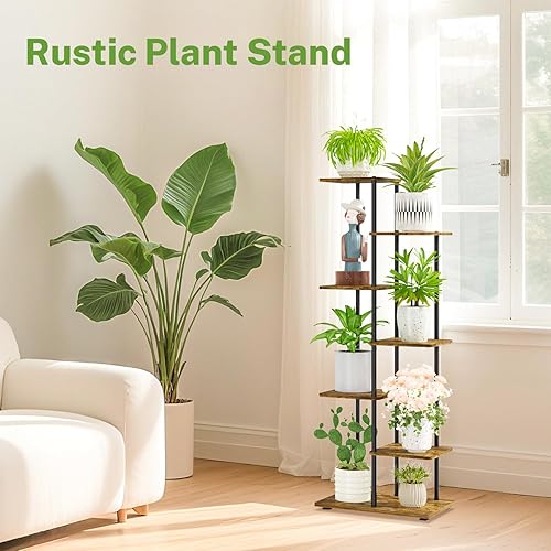 Miniatura 7 de iDavosic.ly Soporte alto para plantas de 6 niveles para interiores, estante esquinero de metal y madera para múltiples flores, estante de exhibición