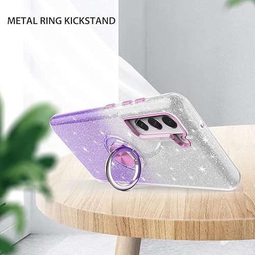 Miniatura 4 de TJS Funda compatible con Samsung Galaxy S22 Plus 5G, anillo de metal con soporte magnético, tono brillante de TPU para niñas y mujeres, funda