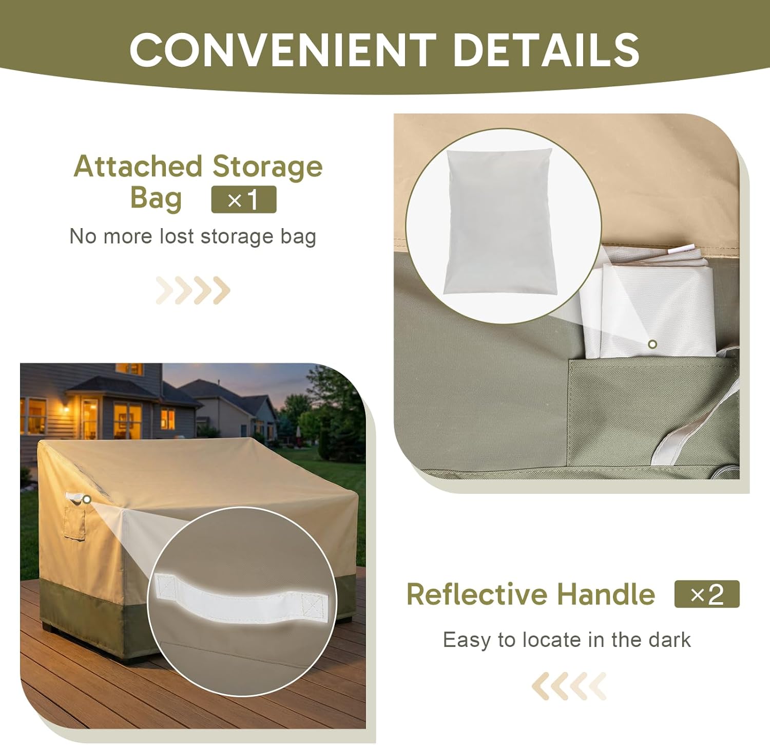 COWVIE Outdoor Sofa Cover for 2-Seater Deck Bench and Couch, 600D Waterproof Patio Loveseat Cover with Reflective Handles and Attached Storage Bag for Lawn, 58W x 38D x 38H Inches