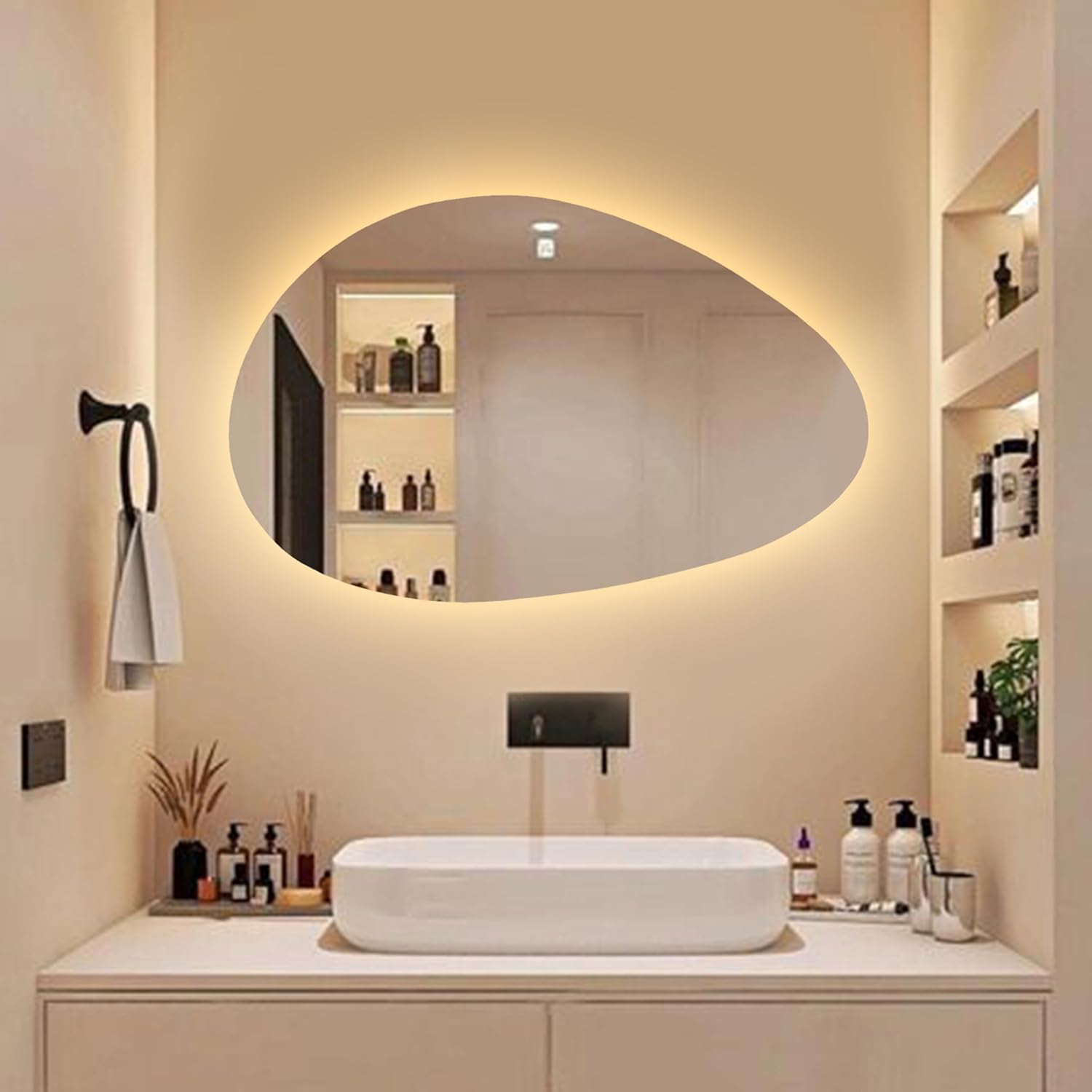 Modern Asymmetrical Led Bathroom Mirror, Irregular Cloud Backlit Wall Mirror Gift Waterdrop Shaped Oval for Entryway Dressing Room (Warm Light, 25.6" L x 39" W in)