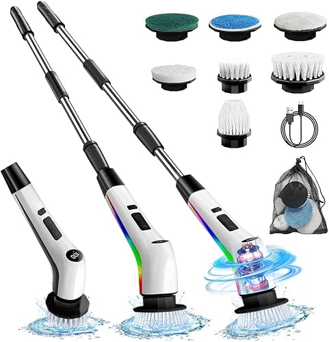 Cepillo eléctrico giratorio inalámbrico, cepillo de limpieza para luces de suerte, 7 cabezales de cepillo, 3 velocidades, 120 minutos, tiempo de