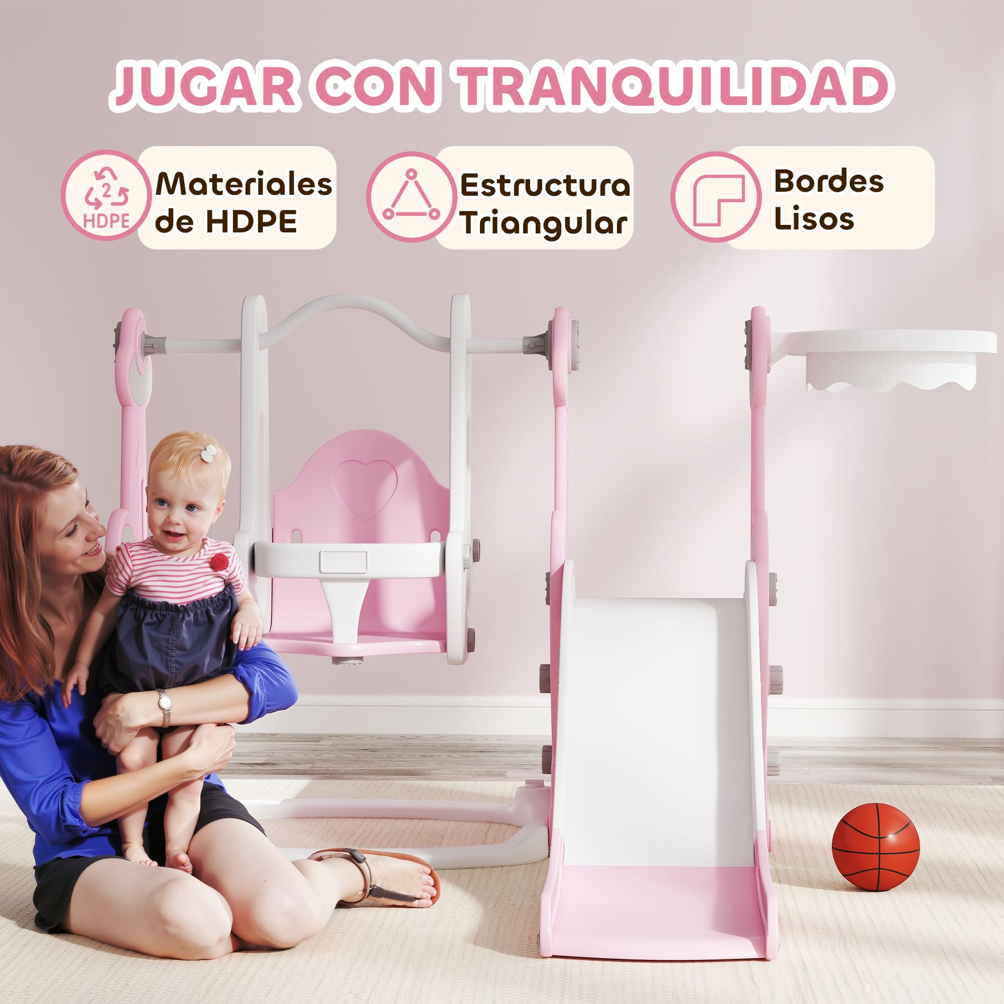 AIYAPLAY Tobogán Infantil 4 en 1 Parque Infantil con Columpio y Tobogán Escalador Aro de Baloncesto Temática de Cohete para Interior Rosa y Blanco