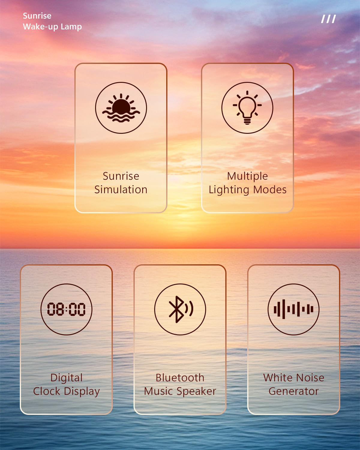 Despertador Luz Wake Up Light LED Simulación Amanecer Atardece 6 Colores Sonidos Naturales Snooze