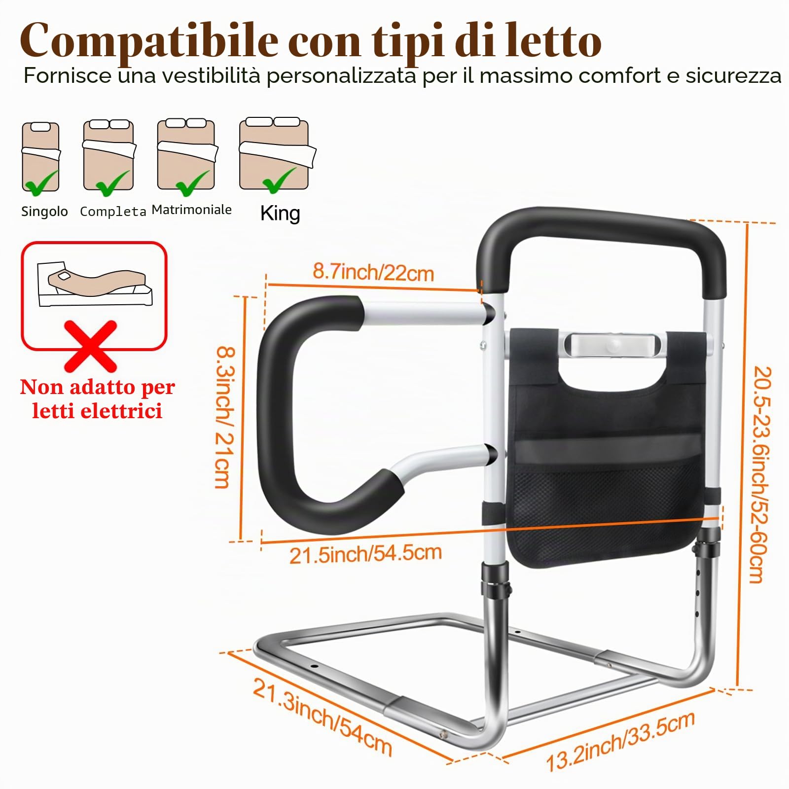 DePango Sponde per letto di sicurezza per anziani, altezza regolabile, con luce di movimento notturna, per anziani, in acciaio al carbonio, per letto matrimoniale king size (in attesa di brevetto)