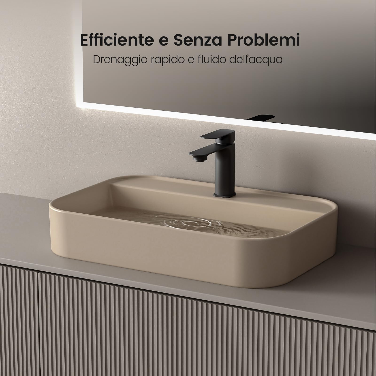 EMKE Lavabo da Appoggio e Sospeso 50 x 40 x 11 cm, Lavandino Rettangolare in Ceramica Beige opaco con Angoli Arrotondati, Lavello Moderno Salvaspazio per Bagno e WC - Senza Rubinetto e Piletta