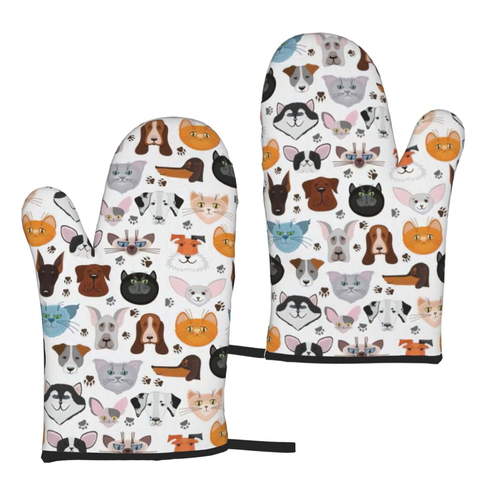 Nimongt Women's Black Cat And Dog Faces Bulldog Beagle Labrador Print Adults Universal Fit Heat Resistant Oven Gloves Reusable Cooking Outdoor Grilling