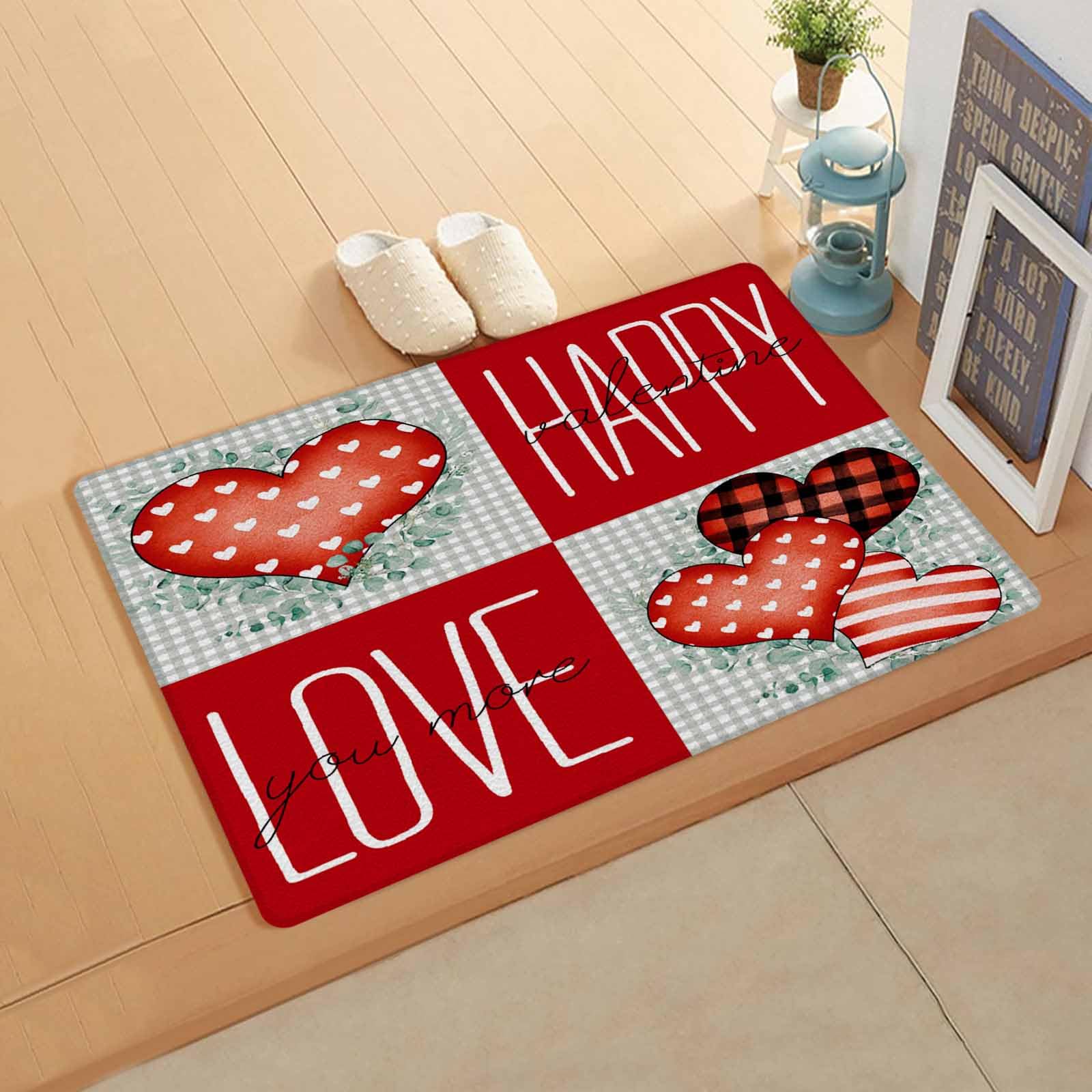 Valentine's Kitchen Bath Door Mat Cushioned Runner Rug,Washable Welcome Floor Sink Antifatigue Mat,Waterproof & Non-Slip Comfort Standing Doormat,Plaid Dots Love Eucalyptus Leaves Red 18
