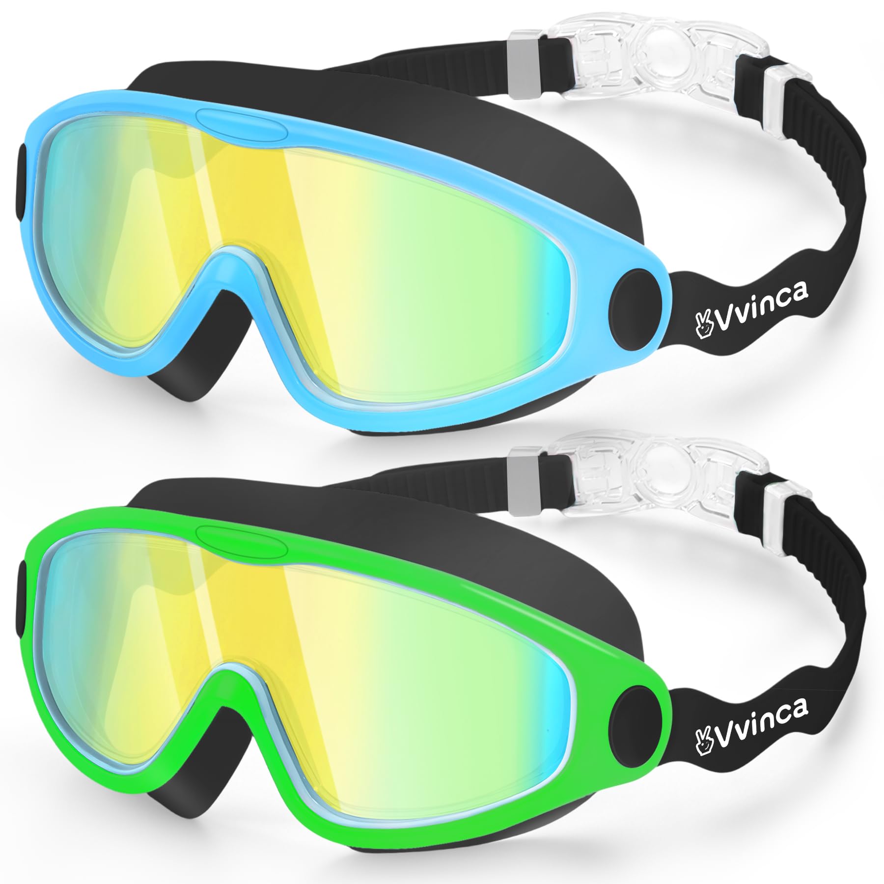 Vvinca 2 Pack Kids Goggles Kids Swimming Goggles Wide View UV Protection Anti-Fog No Leak Children Goggles for Boys Girls 6-14 (Blue Black & Green Black)
