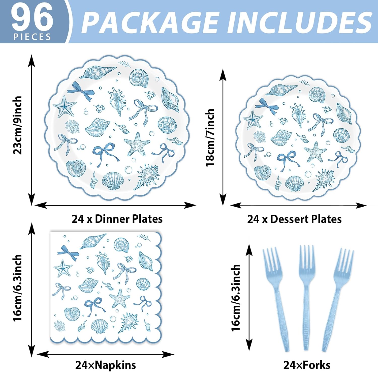96pcs Scalloped Coastal Party Supplies Tropical Blue Bow Starfish Seashell Plates and Napkins Tableware Set Ocean Theme Party Decorations for Summer Beach Wedding Birthday Bachelorette for 24 Guests
