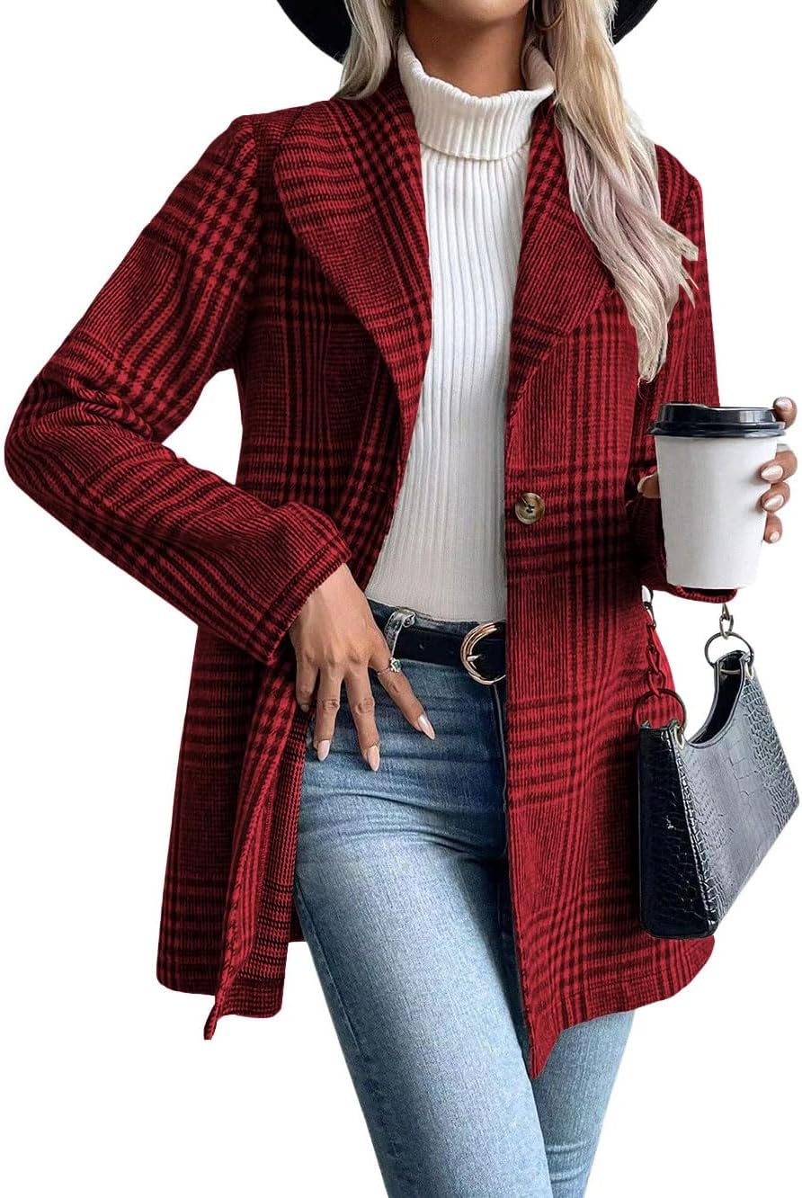 chouyatou Women's Vintage Plaid Blazer Wool Coat Elegant Shawl Collar Wool Blend Trench Pea Coat