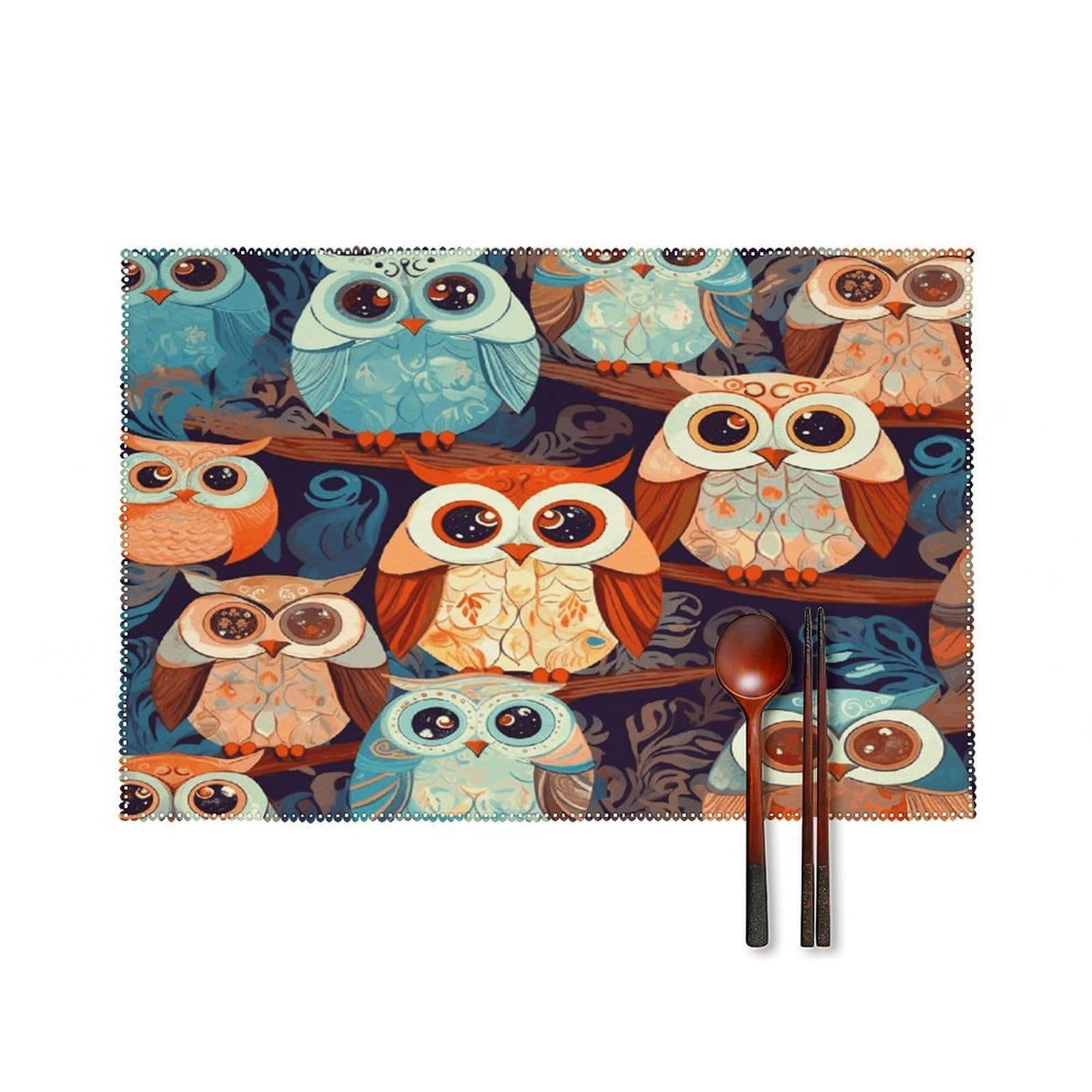 Anime Owl Placemats Set of 4 Heat Resistant Non-Slip Place Mats for Dining Table Washable Placemat Wipeable Dining Table Mat Canvas Place Mats Dining Table Decor