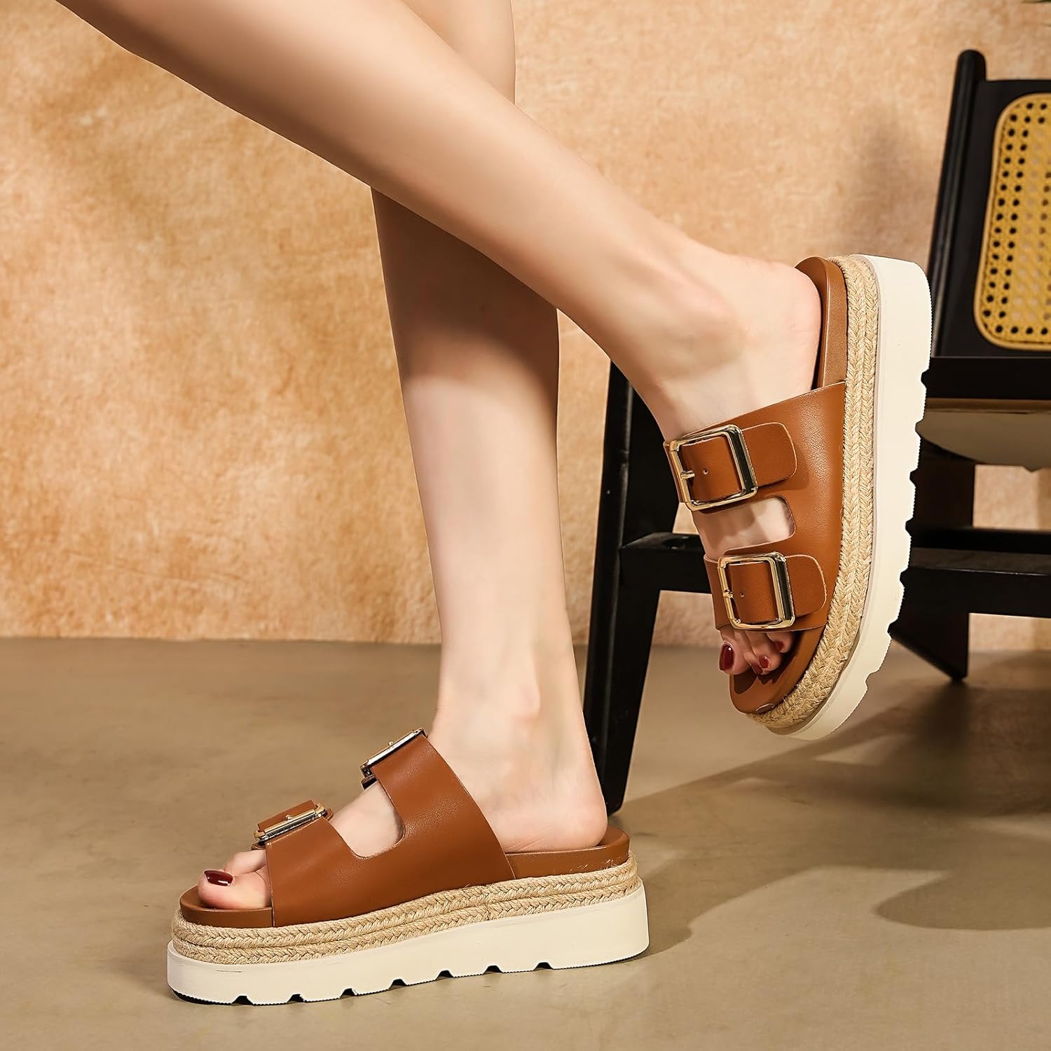 Yavero Womens Platform Sandals Espadrilles Slide Sandals with Double Buckles Comfortable Open Toe Summer Vacation Sandals - Image 4