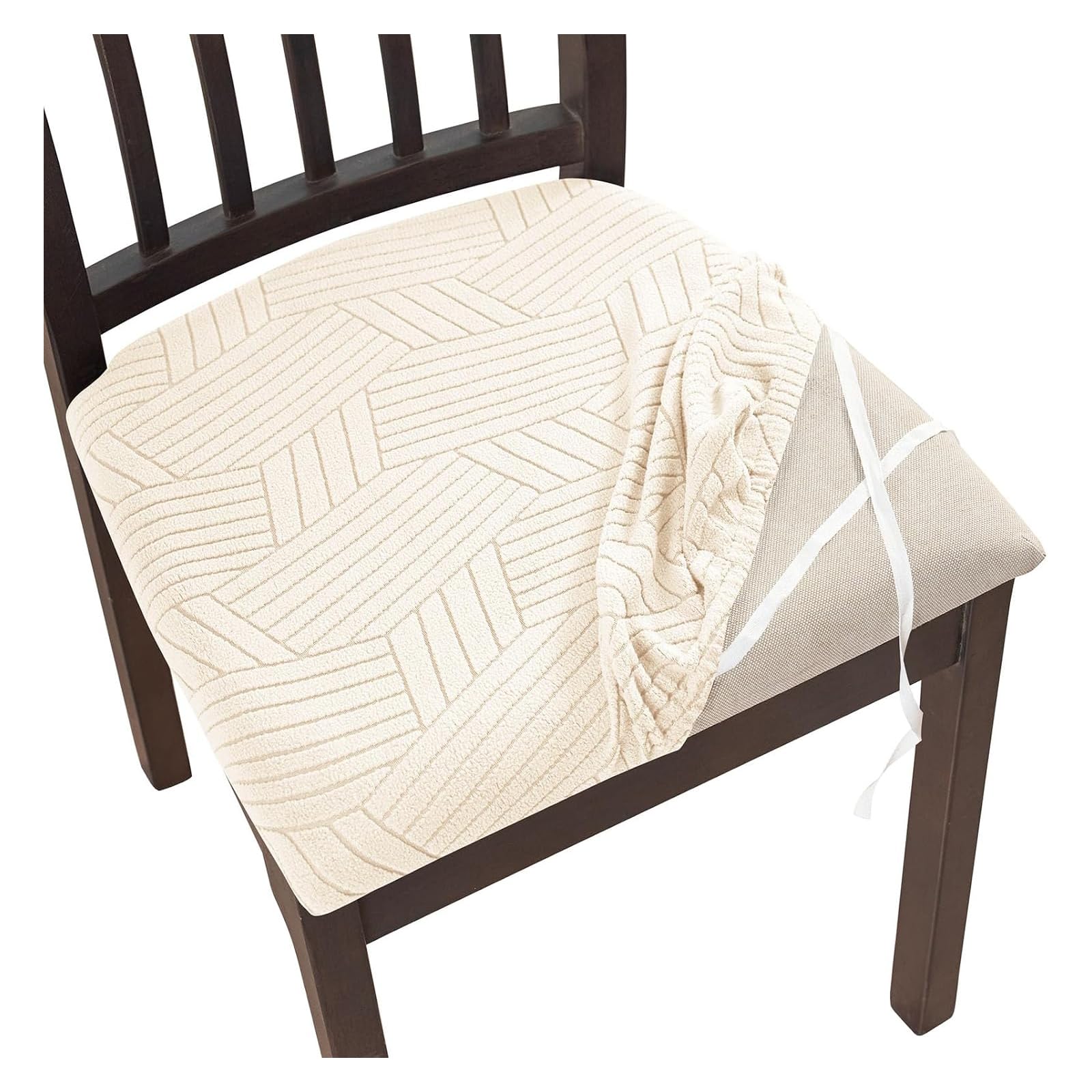 GUYIRT Dining Room Chair Seat Covers with Ties, Stretch Jacquard Seat Covers for Dining Room Chairs, Removable Washable Chair Protector, for Kitchen (beige,set of 2)