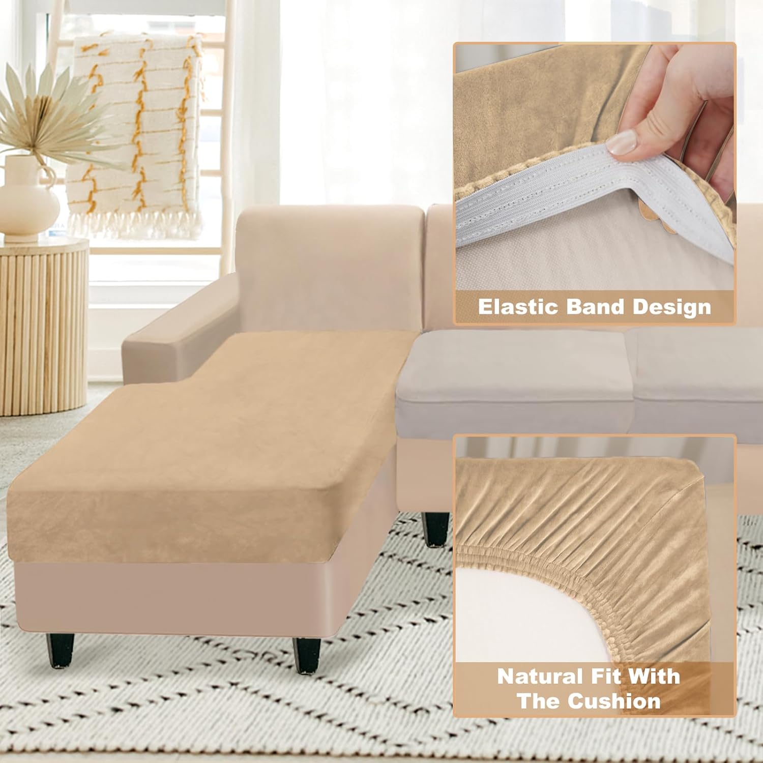 NAISI Sectional Couch Cover 1 Piece Velvet Separate Chaise Lounge Cover Soft Stretch Sofa Slipcovers for Left/Right Chaise Sectional Couch(Chaise Lounge,Camel)