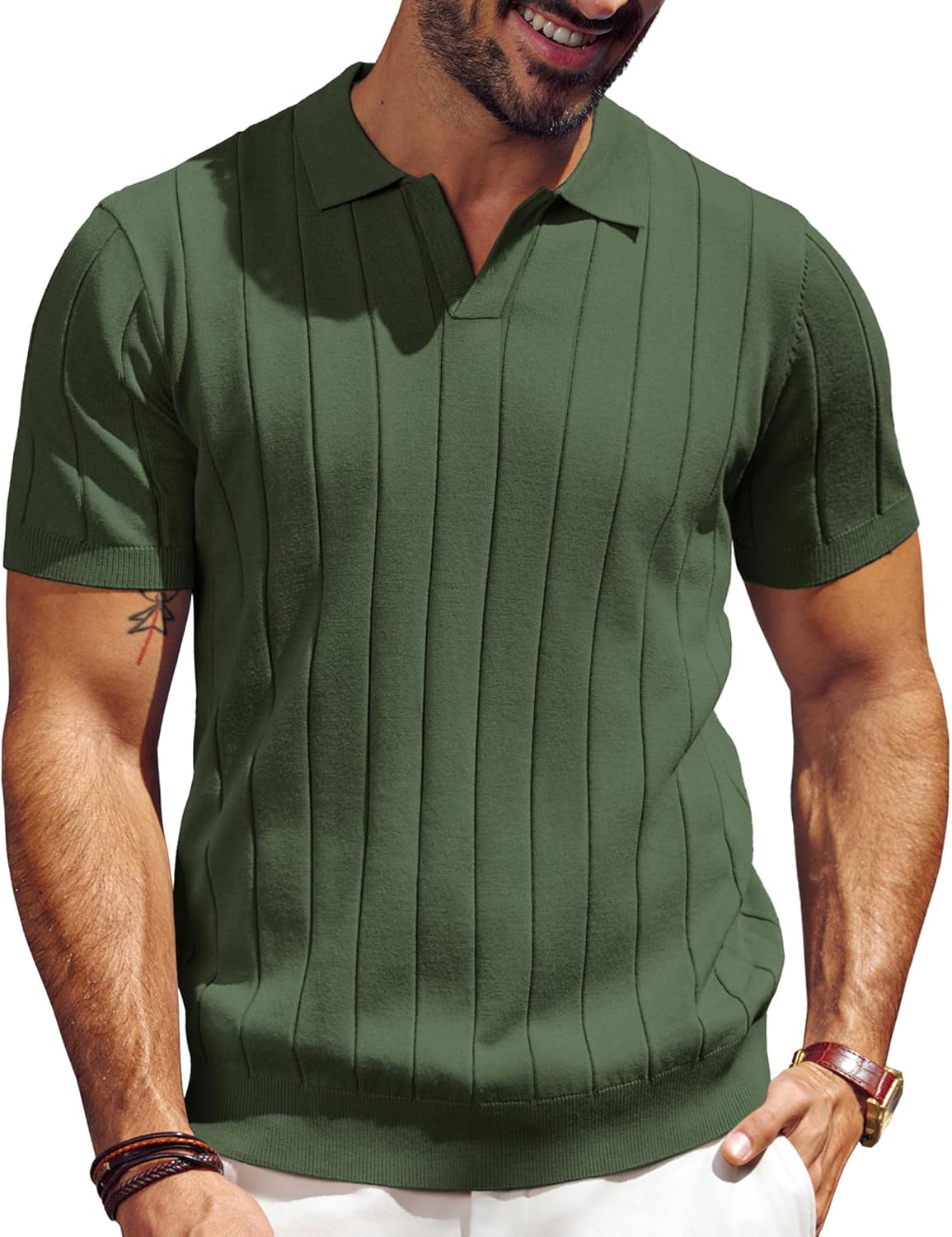 PJ PAUL JONES Men's Polo Shirt V Neck Texture Shirt Short Sleeve Casual Knit Polos