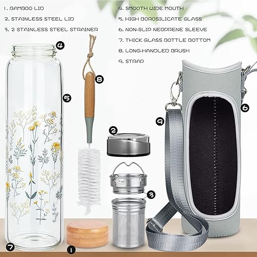 Miniatura 10 de Reeho Botella de agua de vidrio de borosilicato de 32 onzas con infusor de té, vaso de té con colador, taza de viaje reutilizable con funda y 2