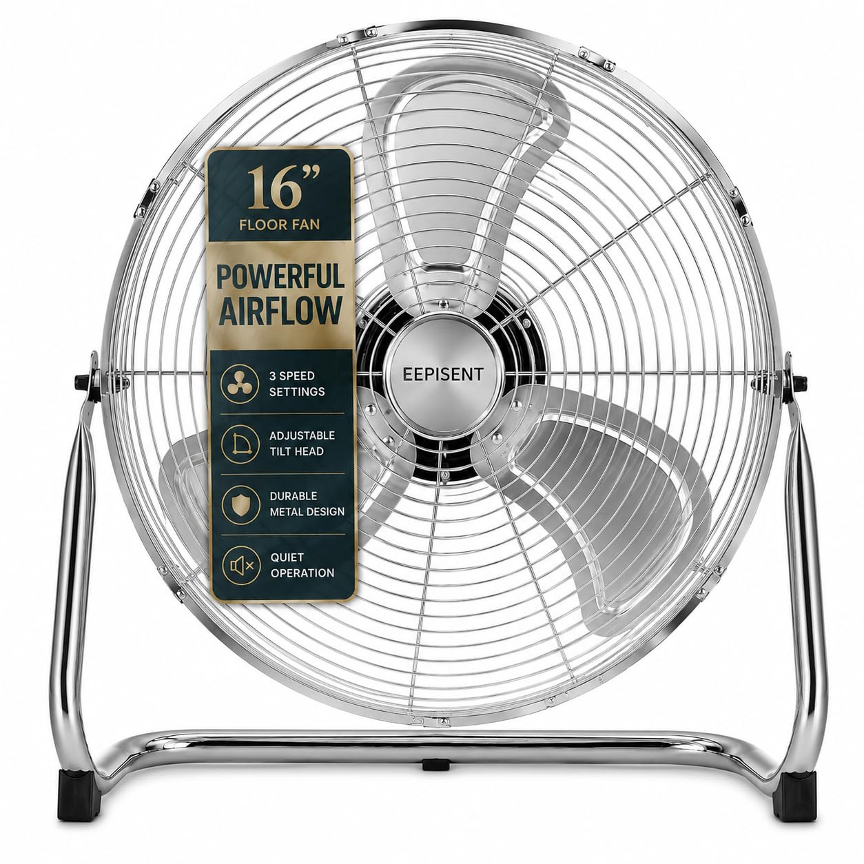 EPISENT 16" Chrome Metal Floor Fan, 90W High Velocity, 3 Speed Settings, 120° Adjustable Tilt
