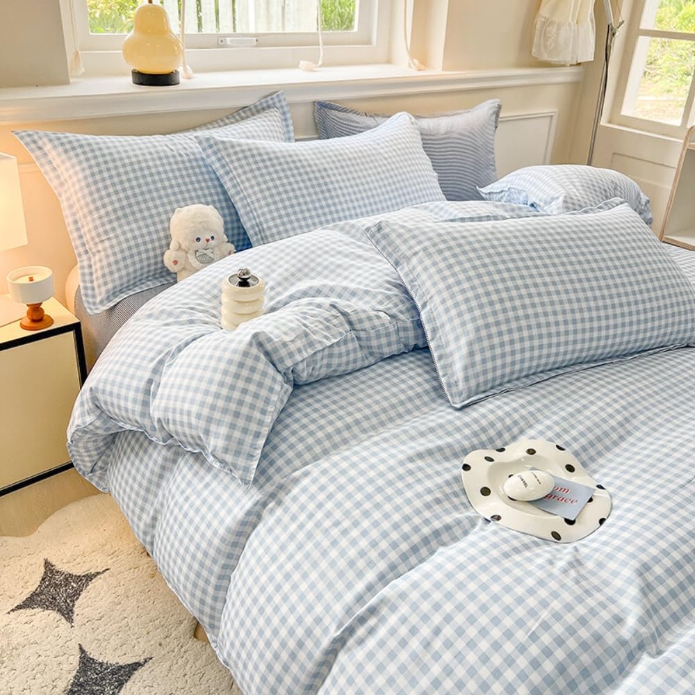 Michorinee Single Duvet Cover Set Blue White Plaid Grid Checkered Pattern Country Style Gingham Bedding Set including Zipper Closure Soft & Breathable Washed Microfibre Quilt Cover with 1 Pillowcase 50x75