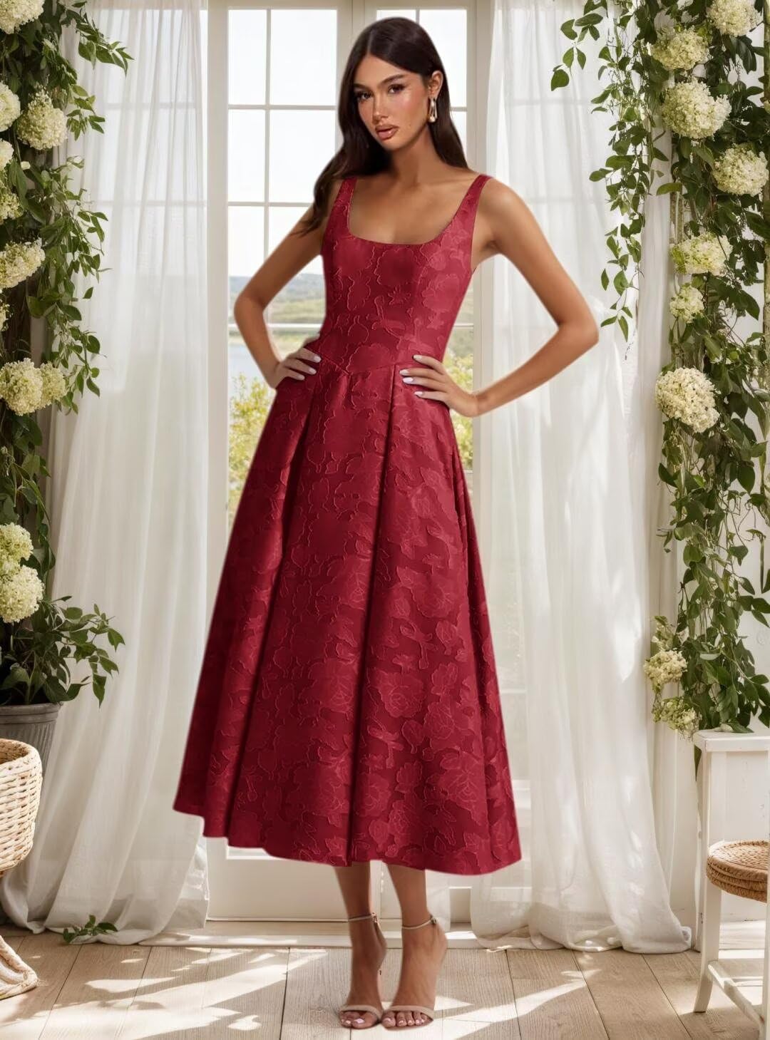 Basgute Floral Lace Bridesmaid Dresses for Women Tea Length A Line Pleated Wedding Guest Dress Formal Gown - Image 2