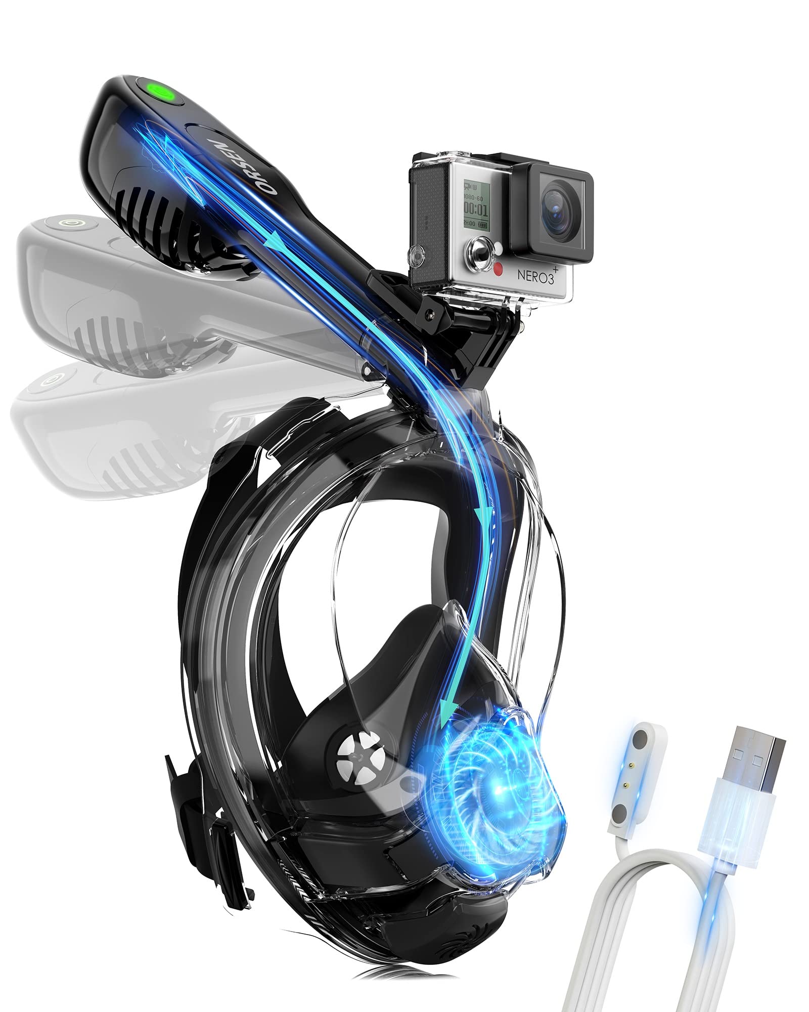 Snorkel Mask, SGS Approved Full Face Snorkel Mask for Adults with 180° Panoramic View, World's First CO₂ Standard Snorkeling Mask, Anti-Fog & Anti-Leak Diving Mask for Adults & Kids with Camera Mount