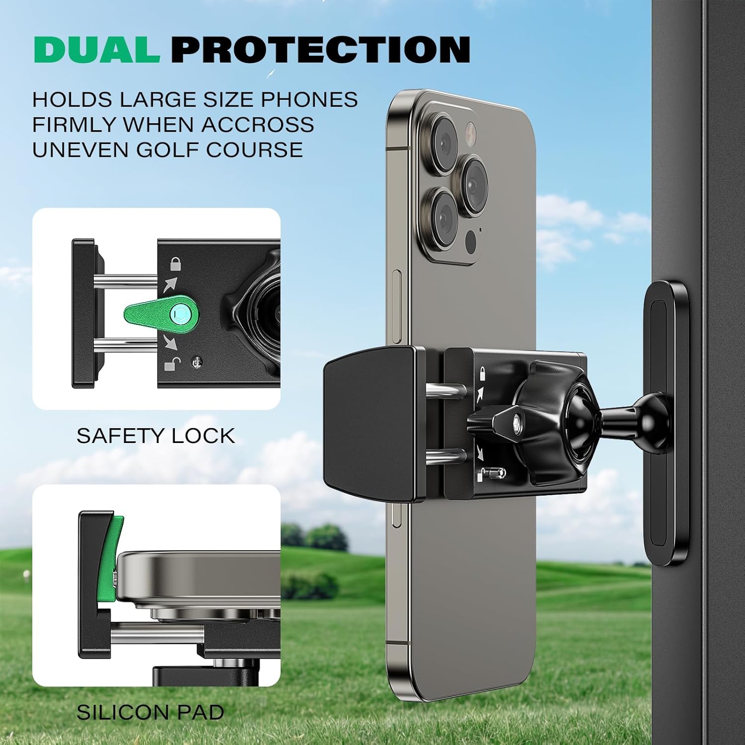 Aluminum Alloy Golf Cart Phone Holder with Safety Lock, Heavy Duty Magnetic Golf Phone Mount for EZGO/Club Car/Yamaha/Icon, Golf Cart Accessories Gifts for Men Women [Phone Case Friendly] - Image 3