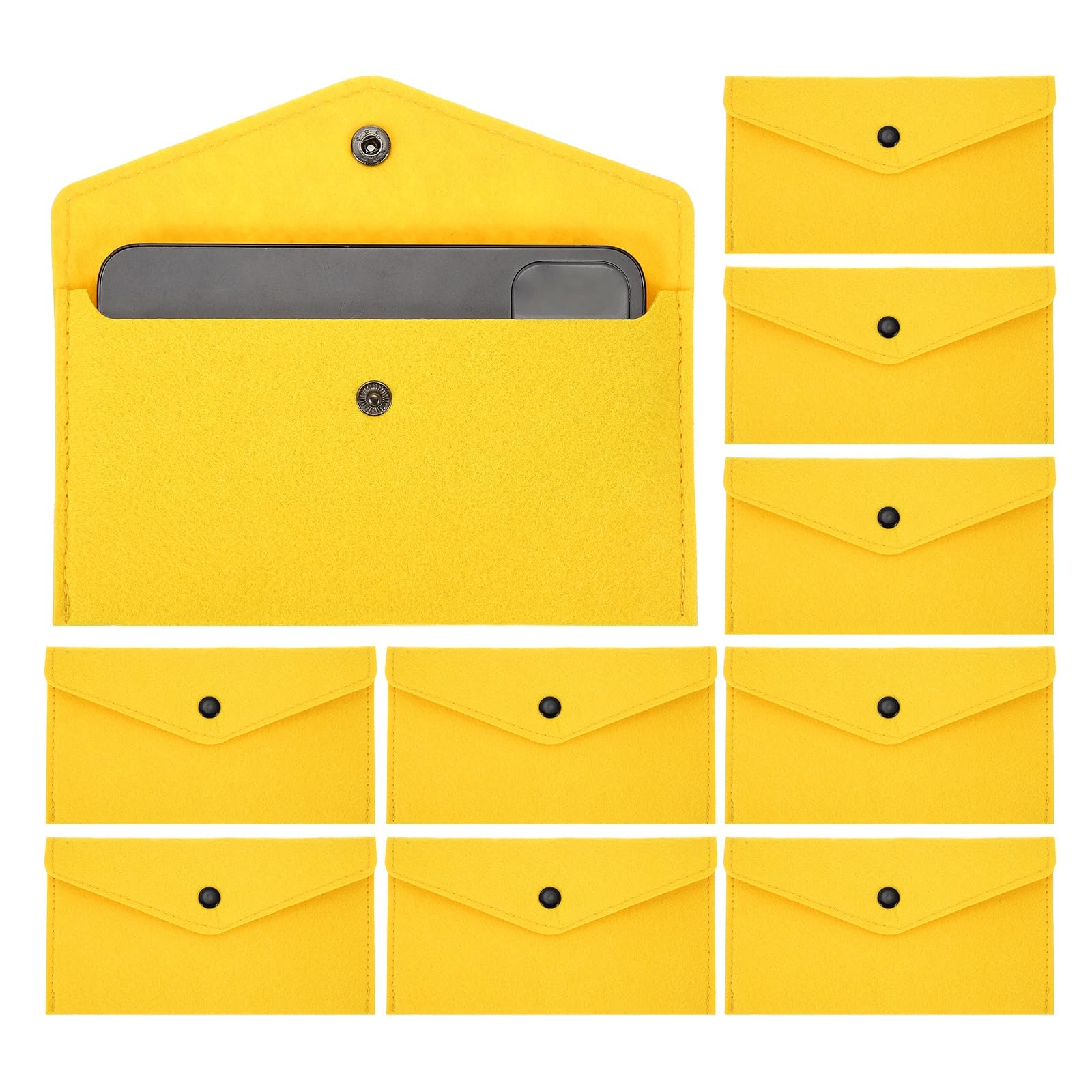 PATIKIL 10Pcs Felt Money Bag, Felt Cellphone Sleeve Case Pouch Cash Bag Button Closure Cash Envelope Wallet Storage Pouch for Card Pen Sunglasses, Yellow