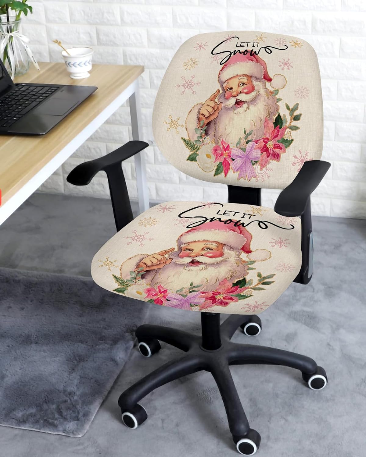 Christmas Santa Office Chair Cover Stretchable Computer Chair Seat Cover Backrest Slipcovers, Blush Pink Gold Snowflakes Winter Red Flower Stretchable Rotating Desk Chair Seat Cushion Split Protectors