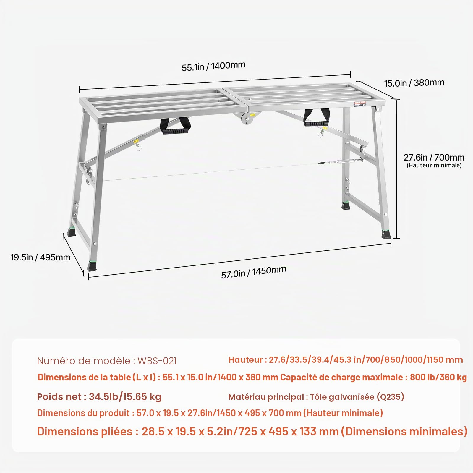 VEVOR Plateforme de Travail Échafaudage Pliant Portable 700/850/1000/1150 mm Acier Allié, Capacité de Charge 360 kg, Pieds Antidérapants, Tabouret de Peinture pour Cloisons Sèches, Nettoyage, Lavage
