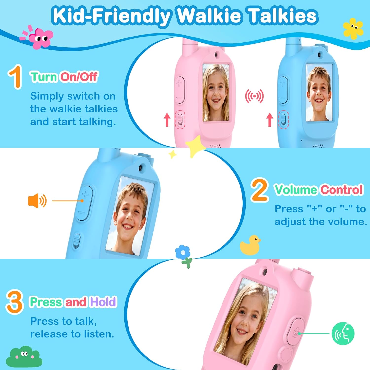 Video Walkie Talkies for Kids, 2 Pack Rechargeable Real-Time Video Chat & Voice Changer Walkies Talkies with Watch Straps, Long Range Family Games, Outside, Gifts for Boys Girls Ages 3-12 Blue&Pink