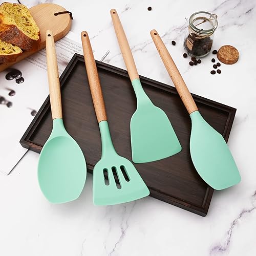 Miniatura 3 de BRIIEC Juego de 12 utensilios de cocina verdes mango de madera utensilios de cocina de silicona juego de espátulas con soporte antiadherente