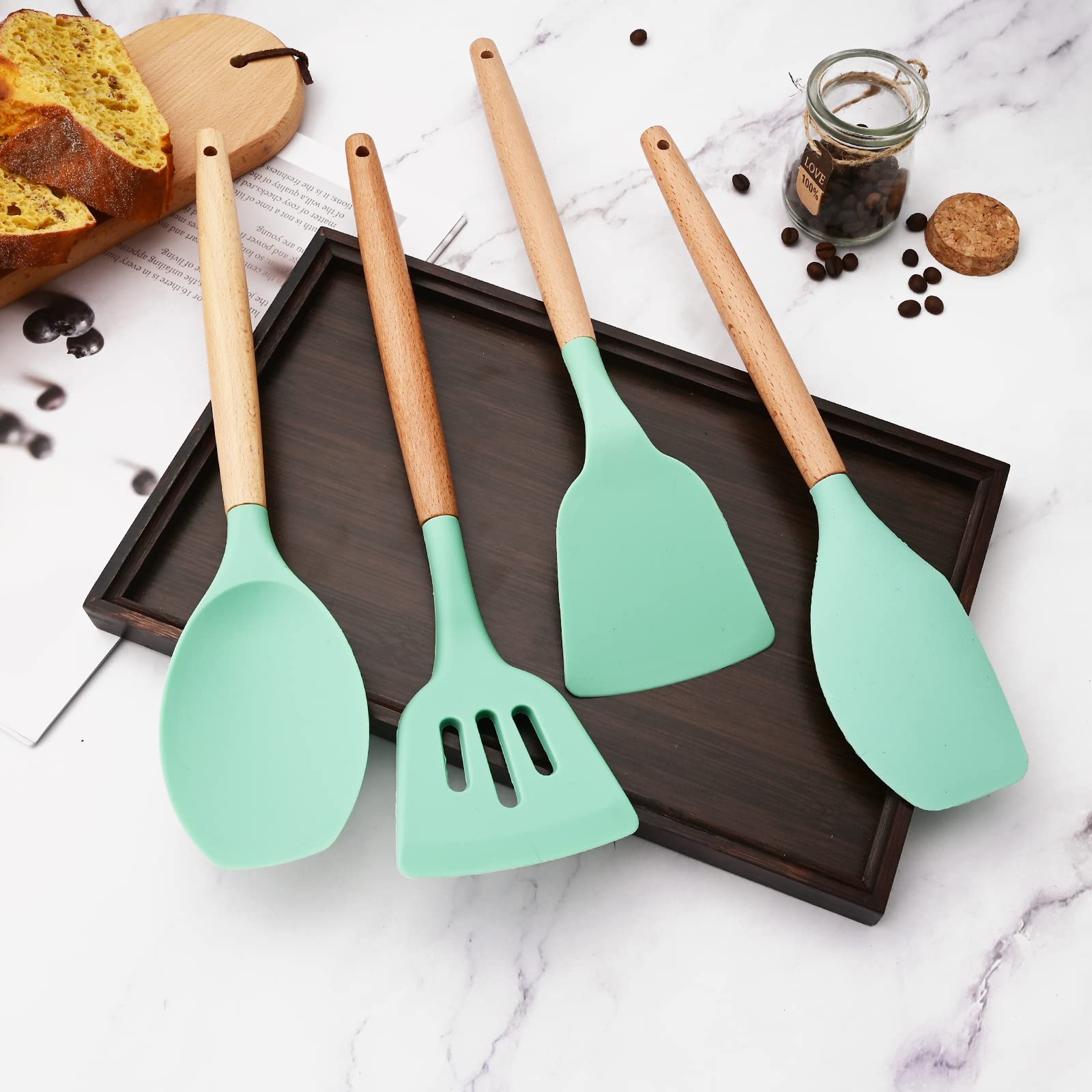 BRIIEC 1pc Green Silicone Spoon Spatula Set with Wooden Handle, Heat Resistant Rubber Scraper, Ideal Cookware for Cooking, Baking and Mixing.