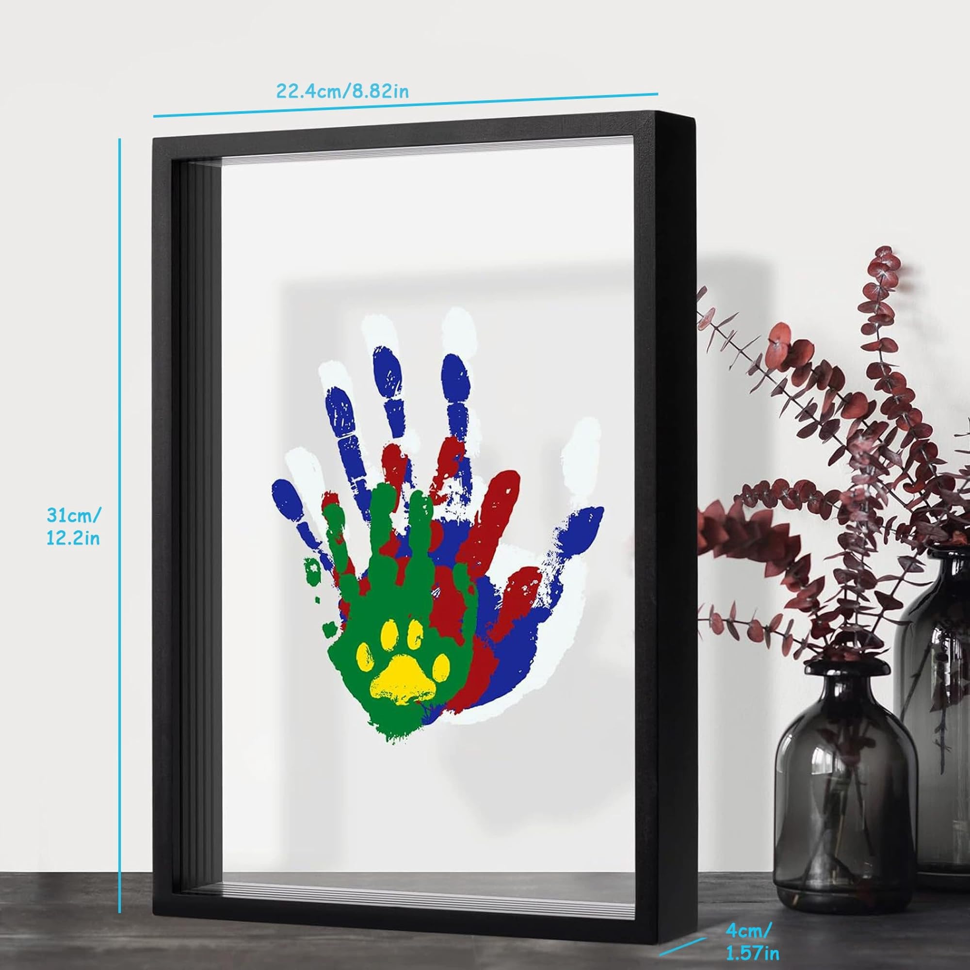 QSLKI Kit di Impronte di Mani per Famiglia, Nero, Cornice Impronta Mani e Piedi Neonati con Spazio, Kit di Impronte Delle Mani dei Membri Della Famiglia, 4 Deflettori, 6 Vernici, Stampa di Zampe