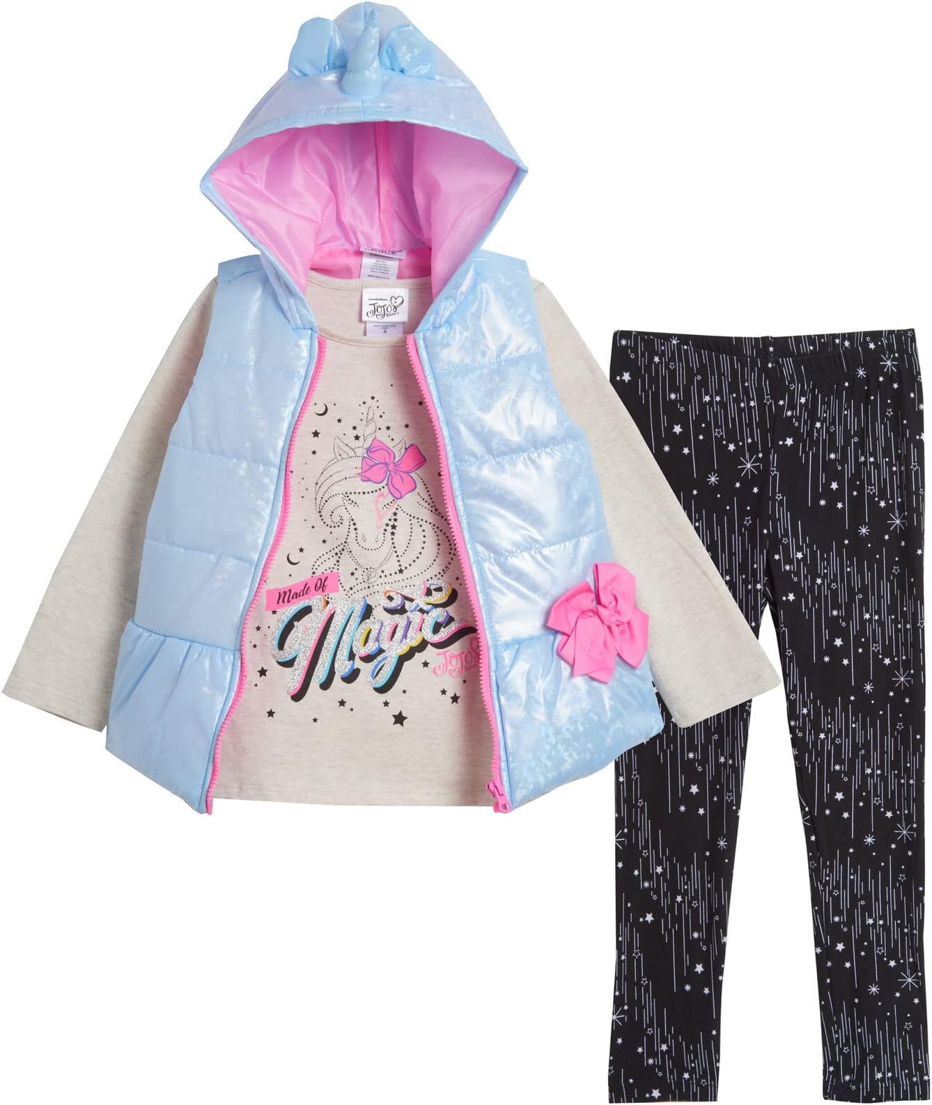 JoJo SiwaUnicorn Girls Zip Up Vest Puffer T-Shirt and Pants 3 Piece Outfit Set Toddler to Big Kid