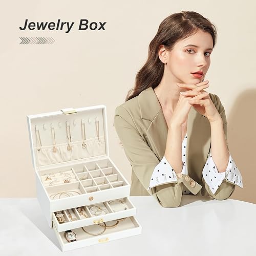 Miniatura 5 de V-LAFUYLIFE Caja organizadora de joyas para mujeres y niñas, joyero de 3 capas con 2 cajones, caja de almacenamiento para anillos, aretes, pulseras,