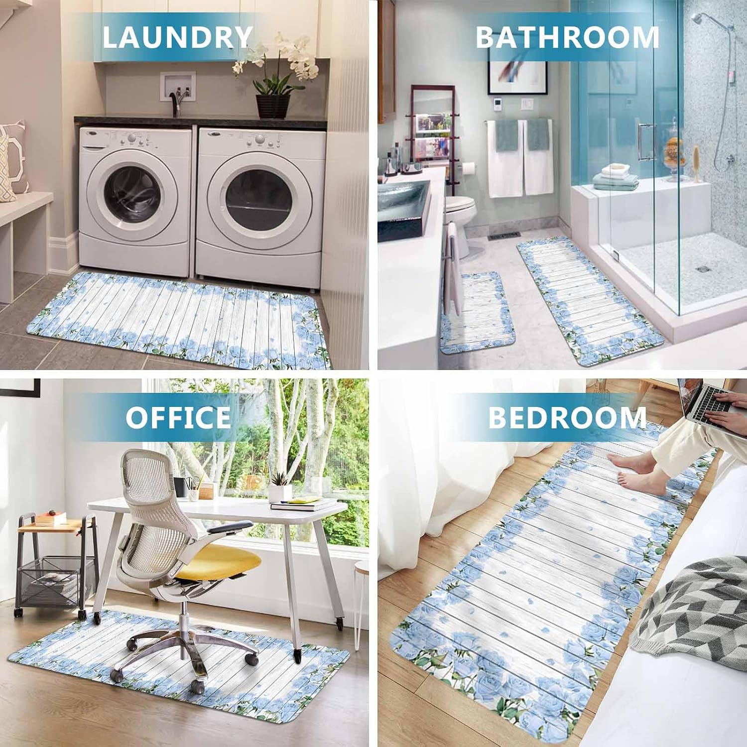Farmhouse Flower Kitchen Mat Set 2 Pieces Blue Rose Wreath Rustic Country White Wood Grain Non Slip Kitchen Rugs Washable Runner Rug Mats for Floor Sink Laundry Office 19.7" x 31.5"+19.7" x 63"